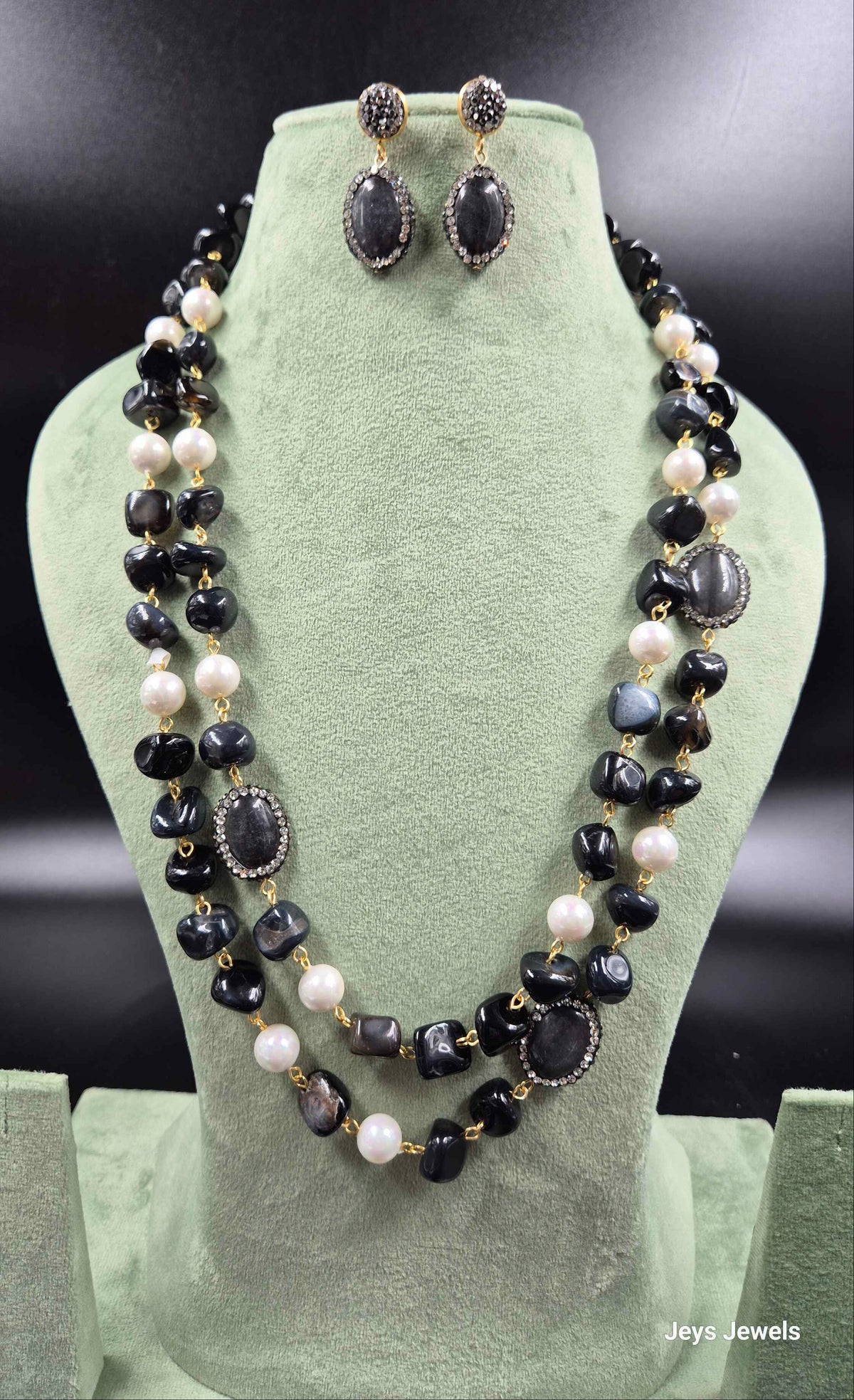 Black Onyx & Pearl Layered Necklace Set with Statement Stone Earrings