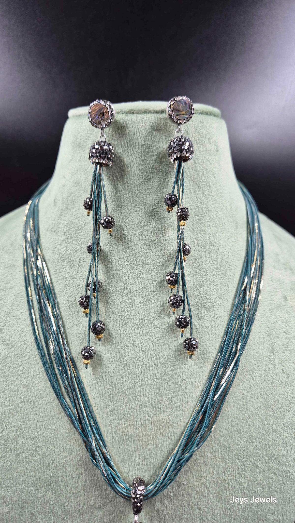 Teal Blue Beaded Lariat Necklace Set with Crystal Tassel & Drop Earrings