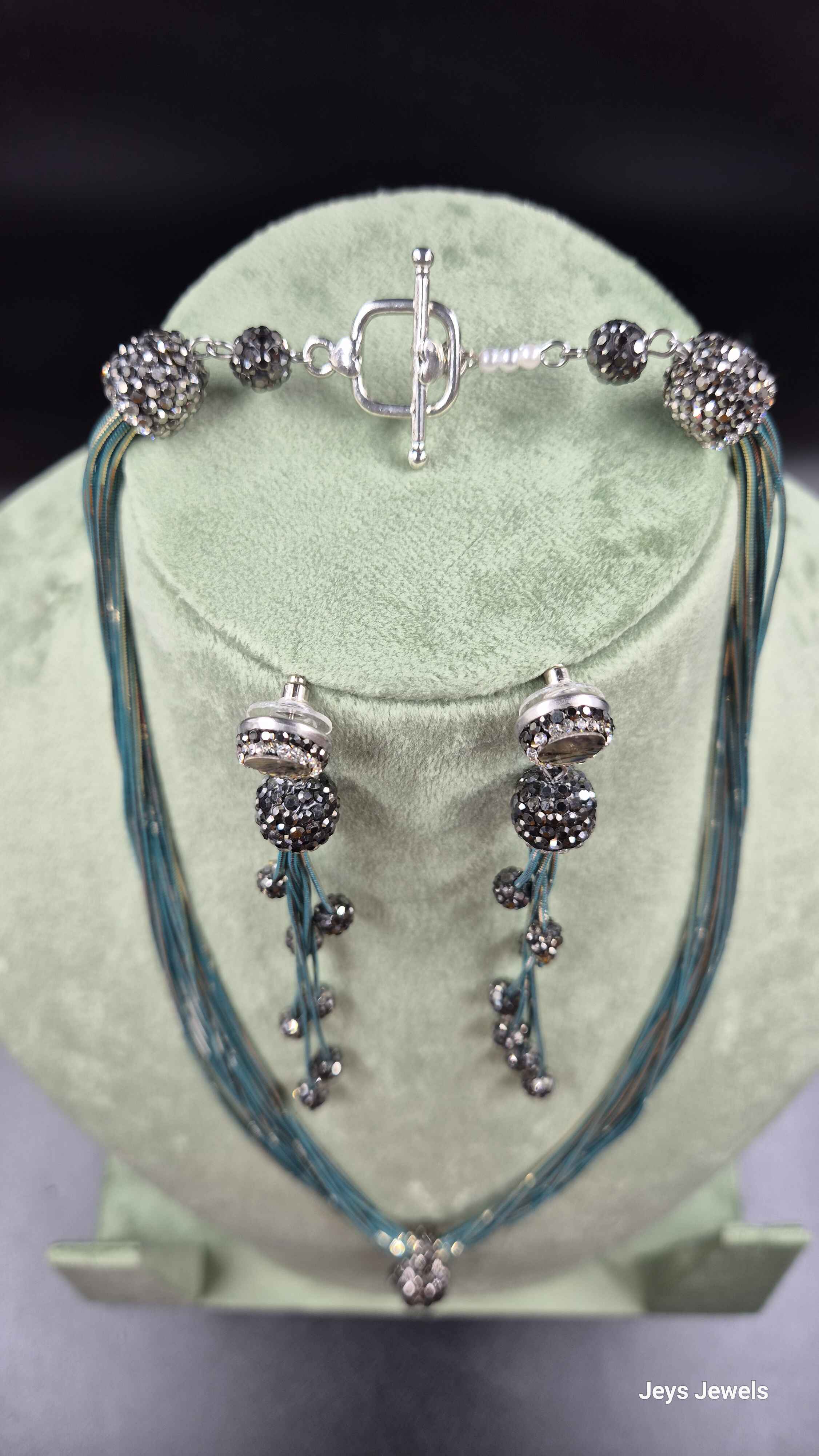 Teal Blue Beaded Lariat Necklace Set with Crystal Tassel & Drop Earrings