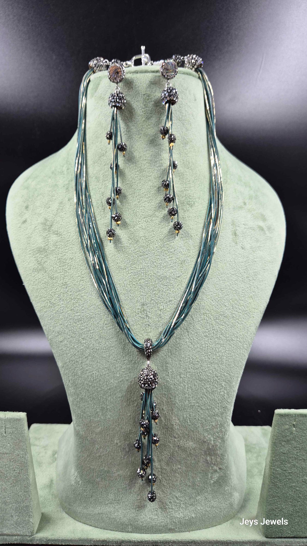 Teal Blue Beaded Lariat Necklace Set with Crystal Tassel & Drop Earrings