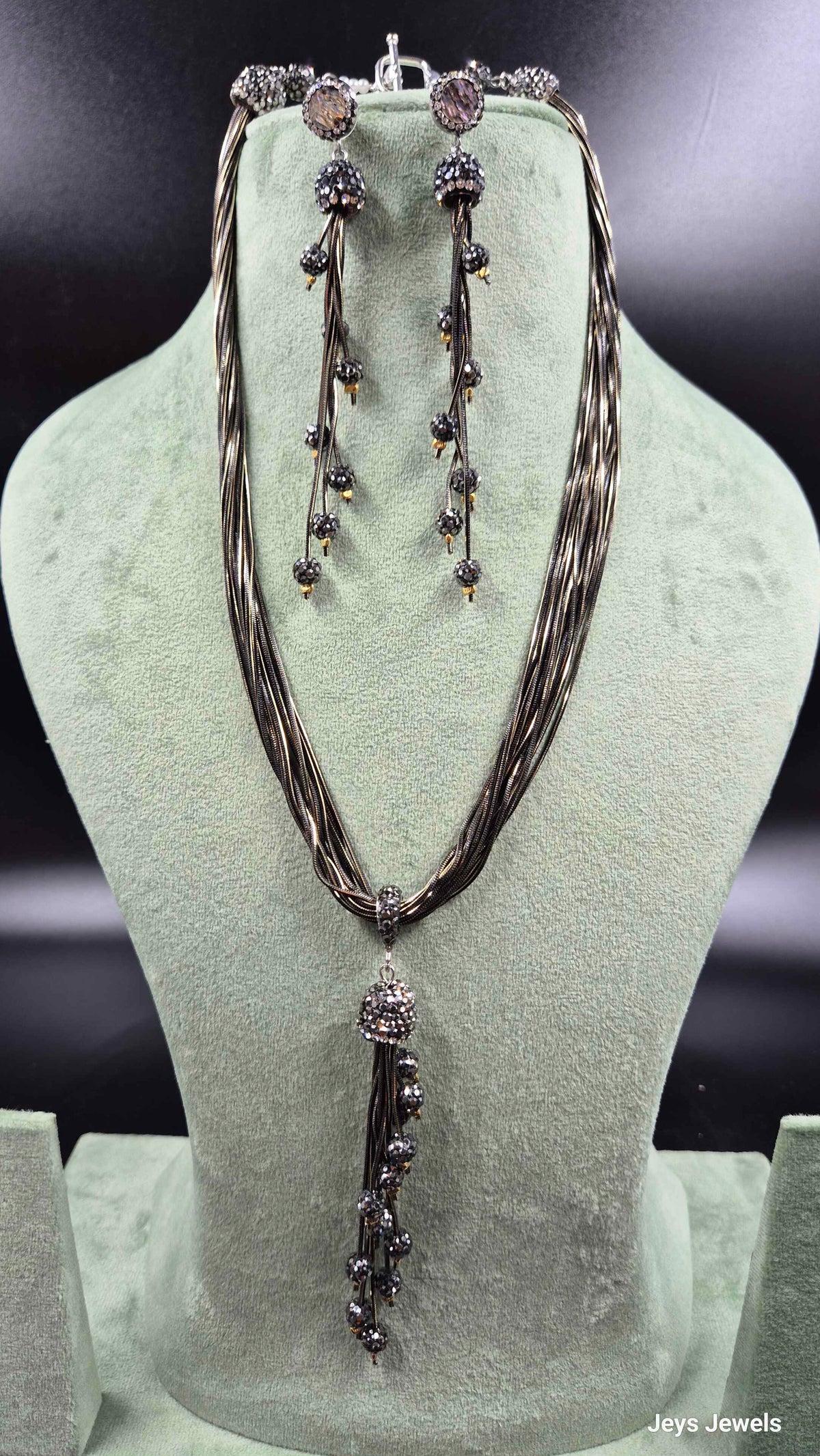 Black Beaded Lariat Necklace Set with Crystal Ball Pendant & Drop Earrings