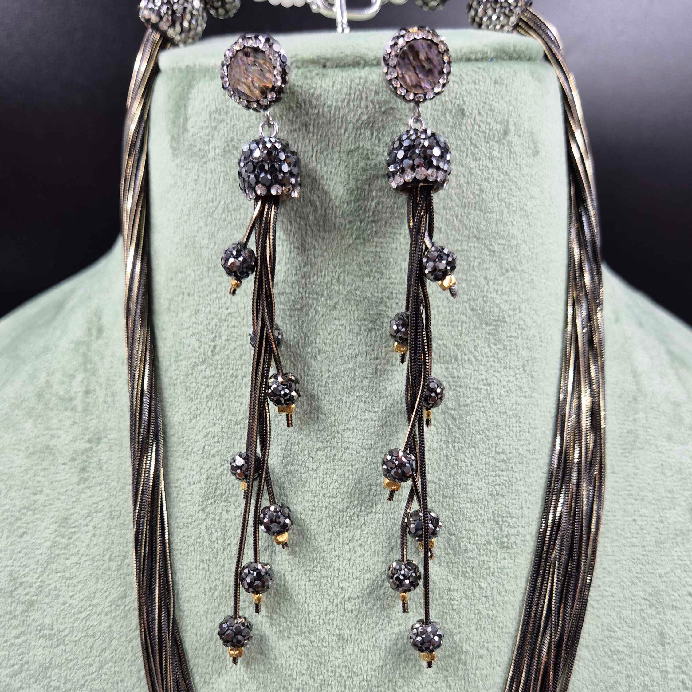 Black Beaded Lariat Necklace Set with Crystal Ball Pendant & Drop Earrings