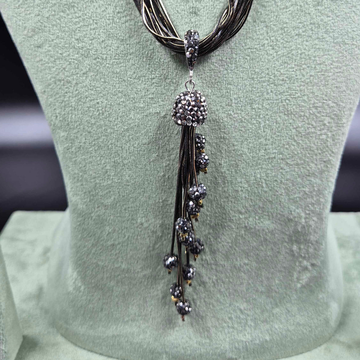 Black Beaded Lariat Necklace Set with Crystal Ball Pendant & Drop Earrings