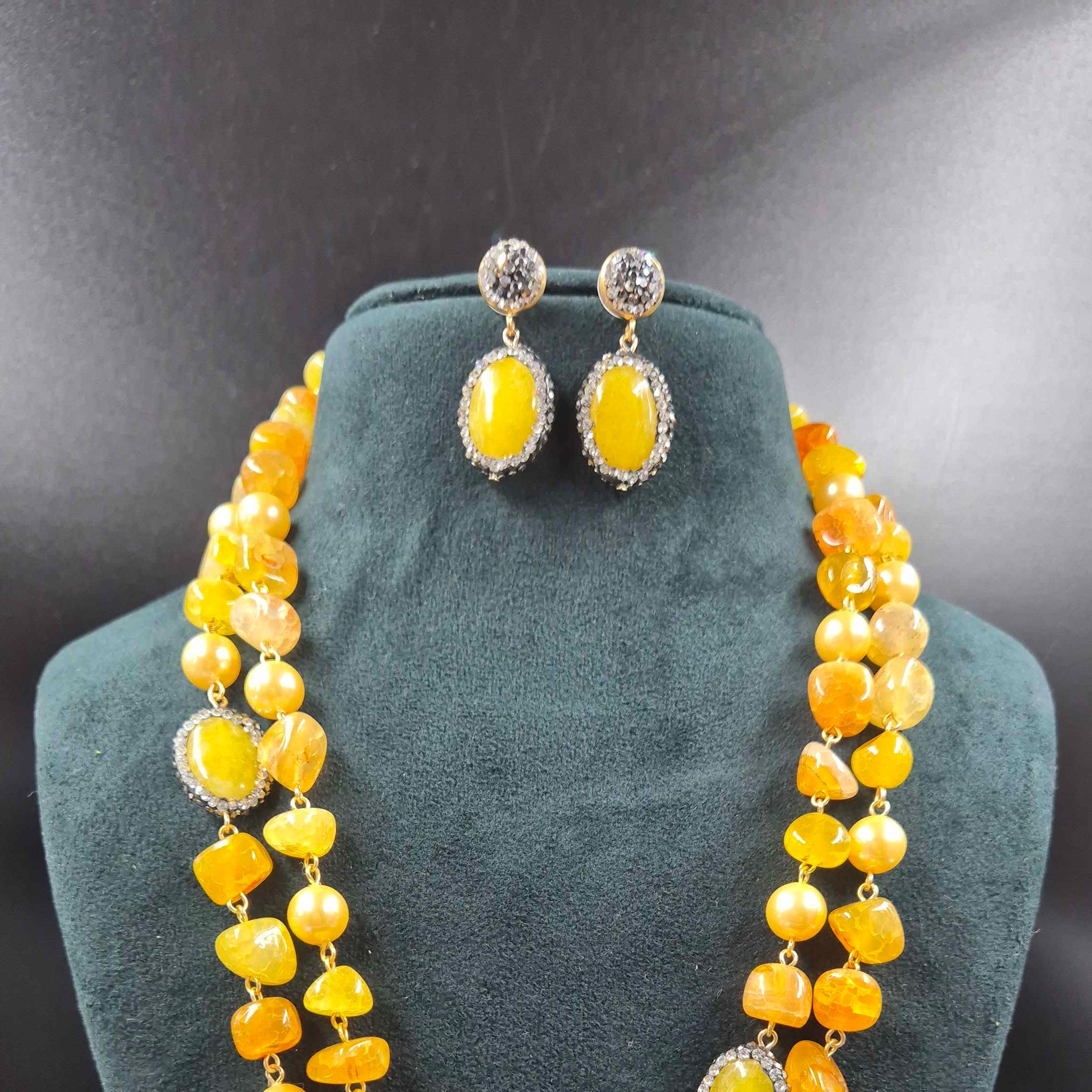 Golden Yellow Beaded Necklace Set with Statement Stone & Pearl Details  📝 SEO Description