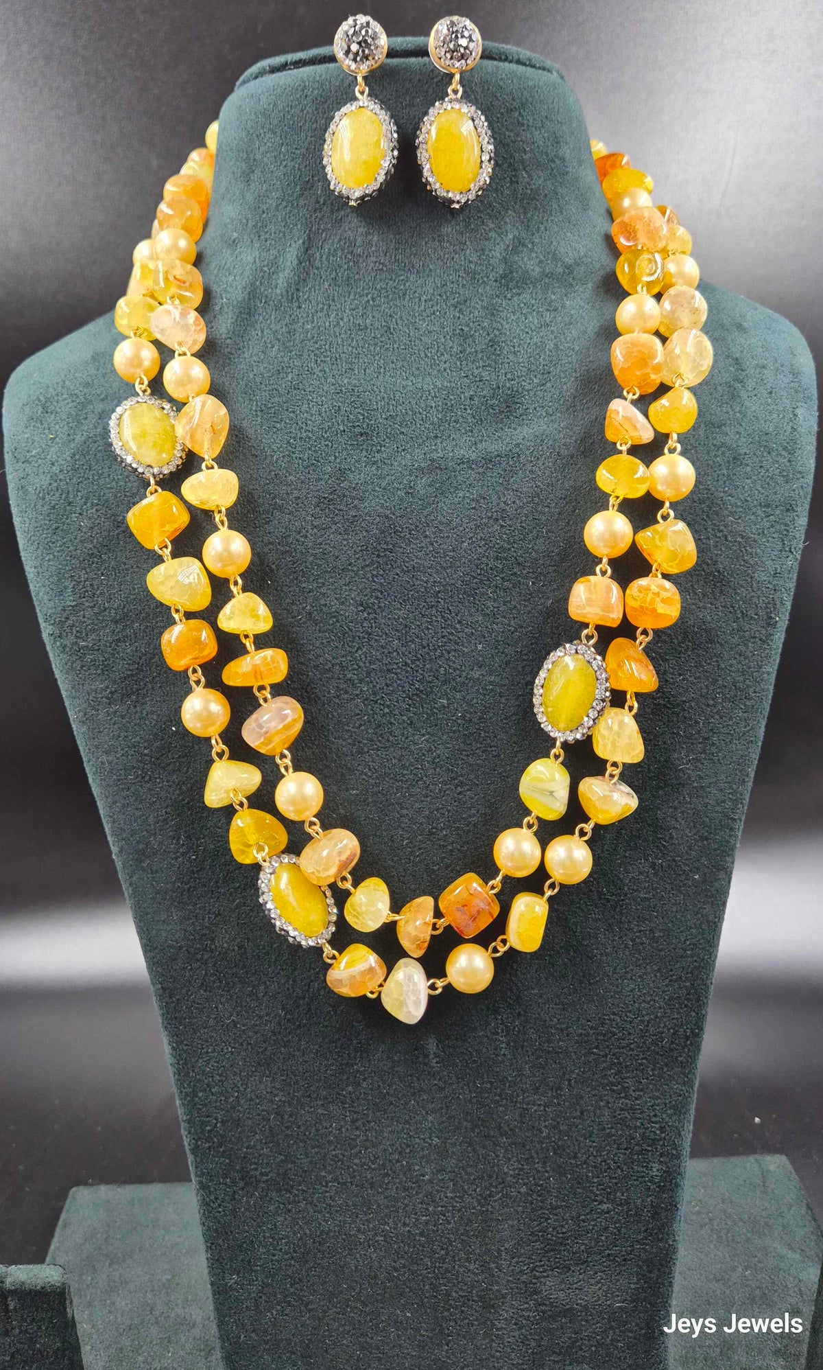 Golden Yellow Beaded Necklace Set with Statement Stone & Pearl Details  📝 SEO Description