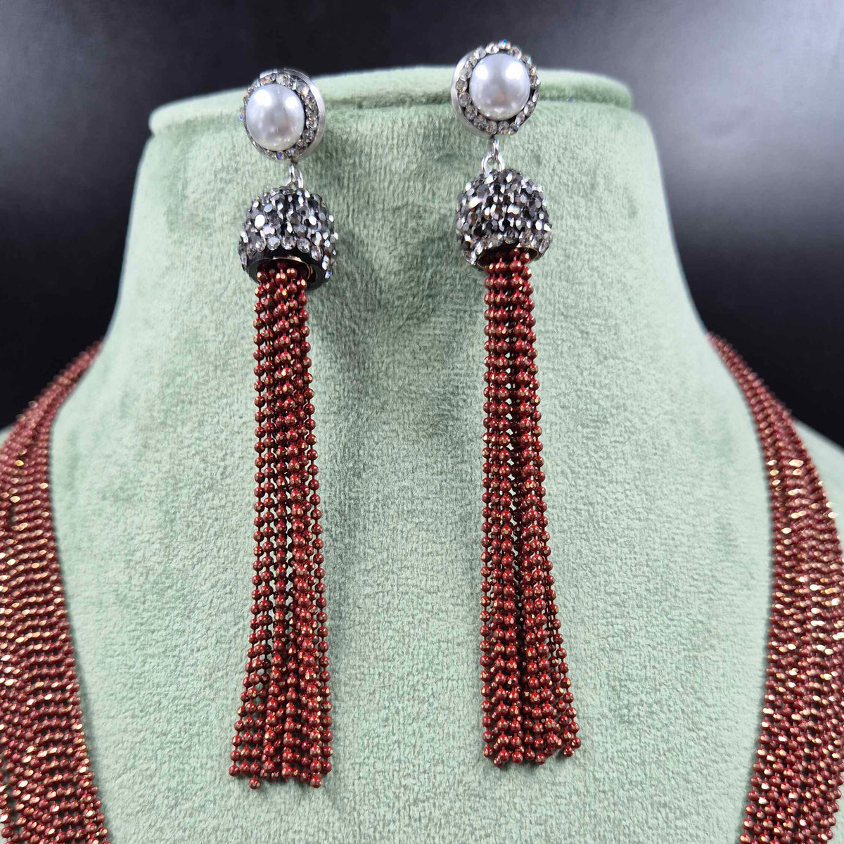 Maroon Beaded Statement Necklace Set with Pearl Drop Earrings  📝 SEO Description