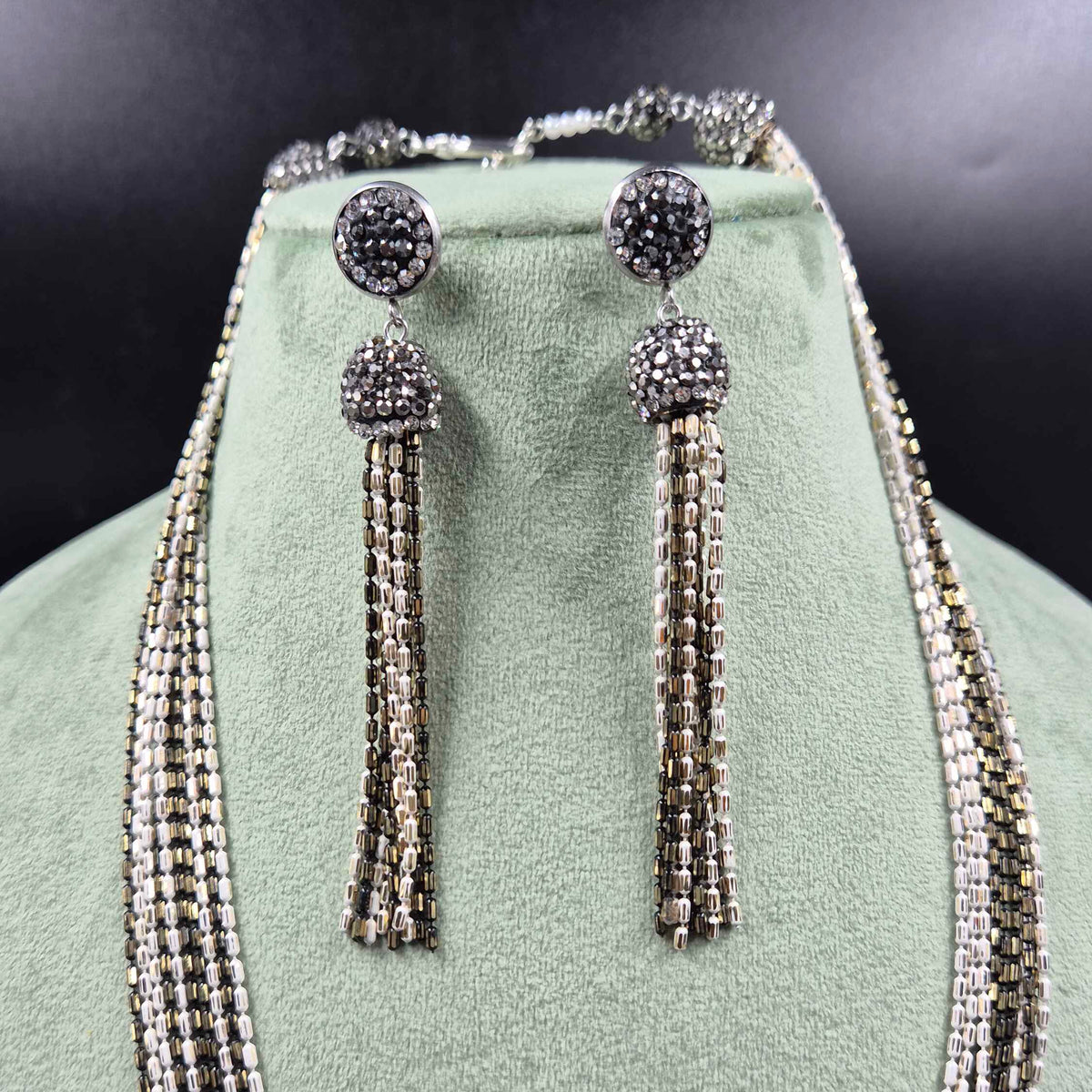 Black & Silver Beaded Snake Necklace Set | Elegant Multi-Strand Statement Jewellery
