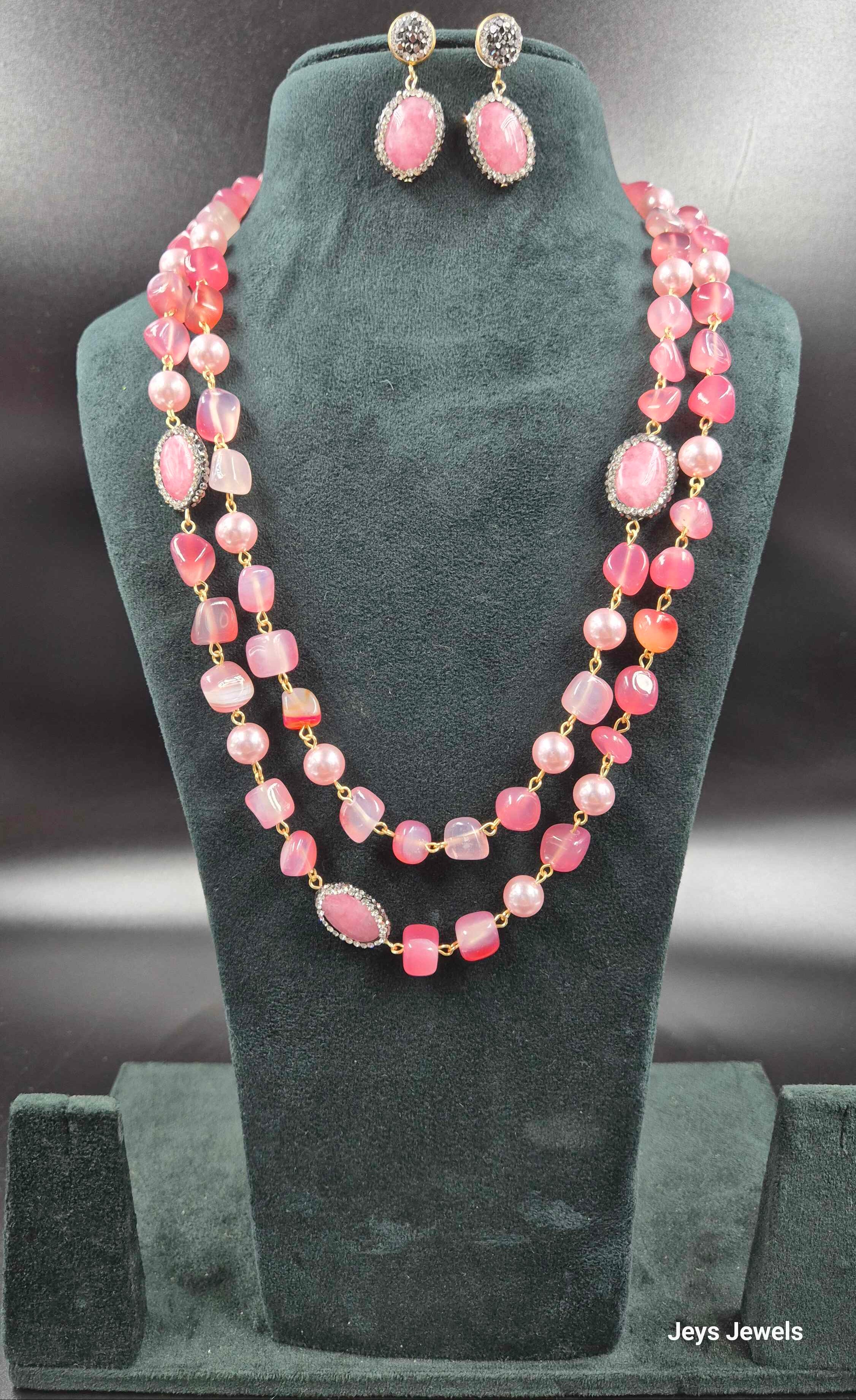 Blush Pink Layered Necklace Set | Pink Agate & Pearl Statement Jewellery