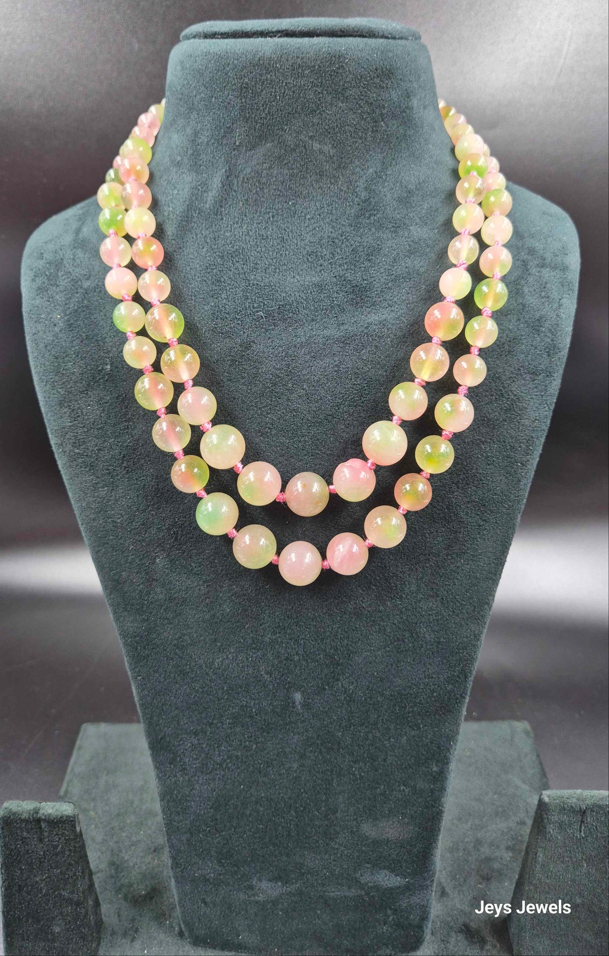 Double stranded Pastel Green & Pink Beaded Necklace | Double Layer Gemstone Necklace