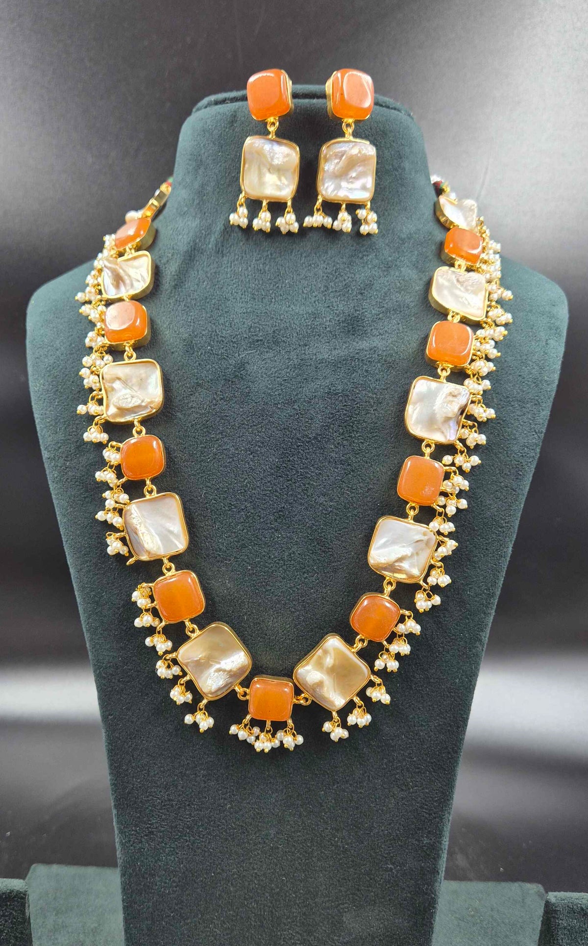 Orange Fusion Necklace Set with Baroque Pearls | Statement Jewellery