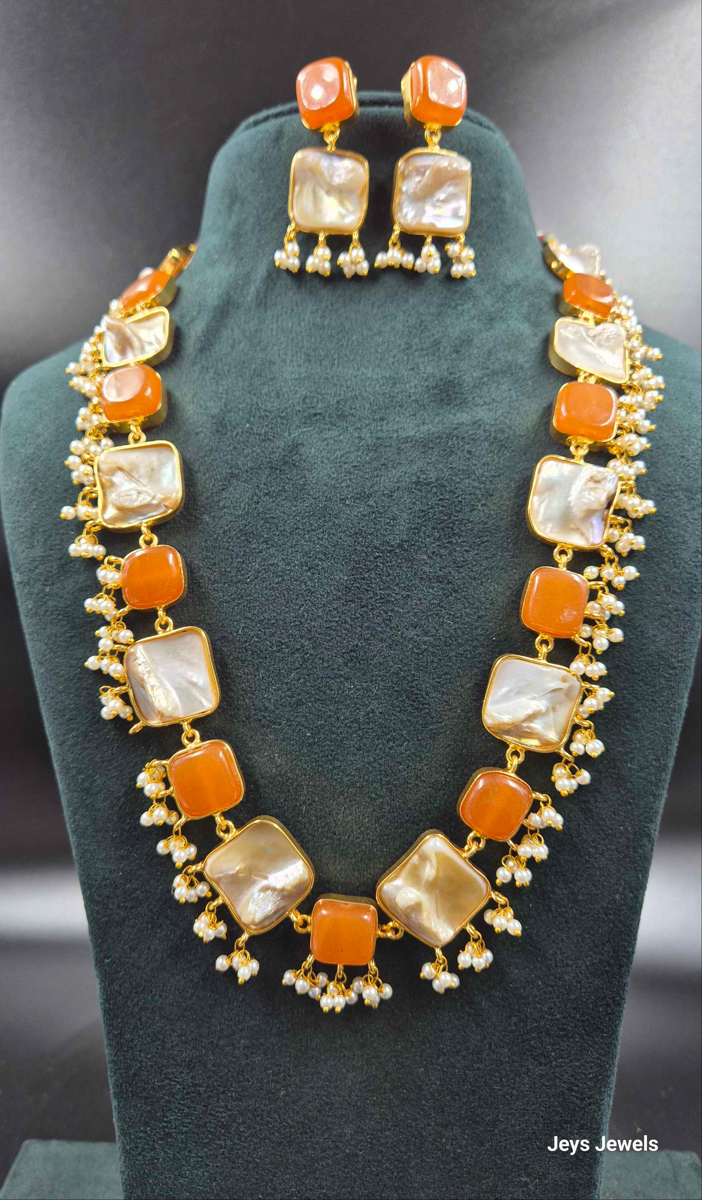 Orange Fusion Necklace Set with Baroque Pearls | Statement Jewellery