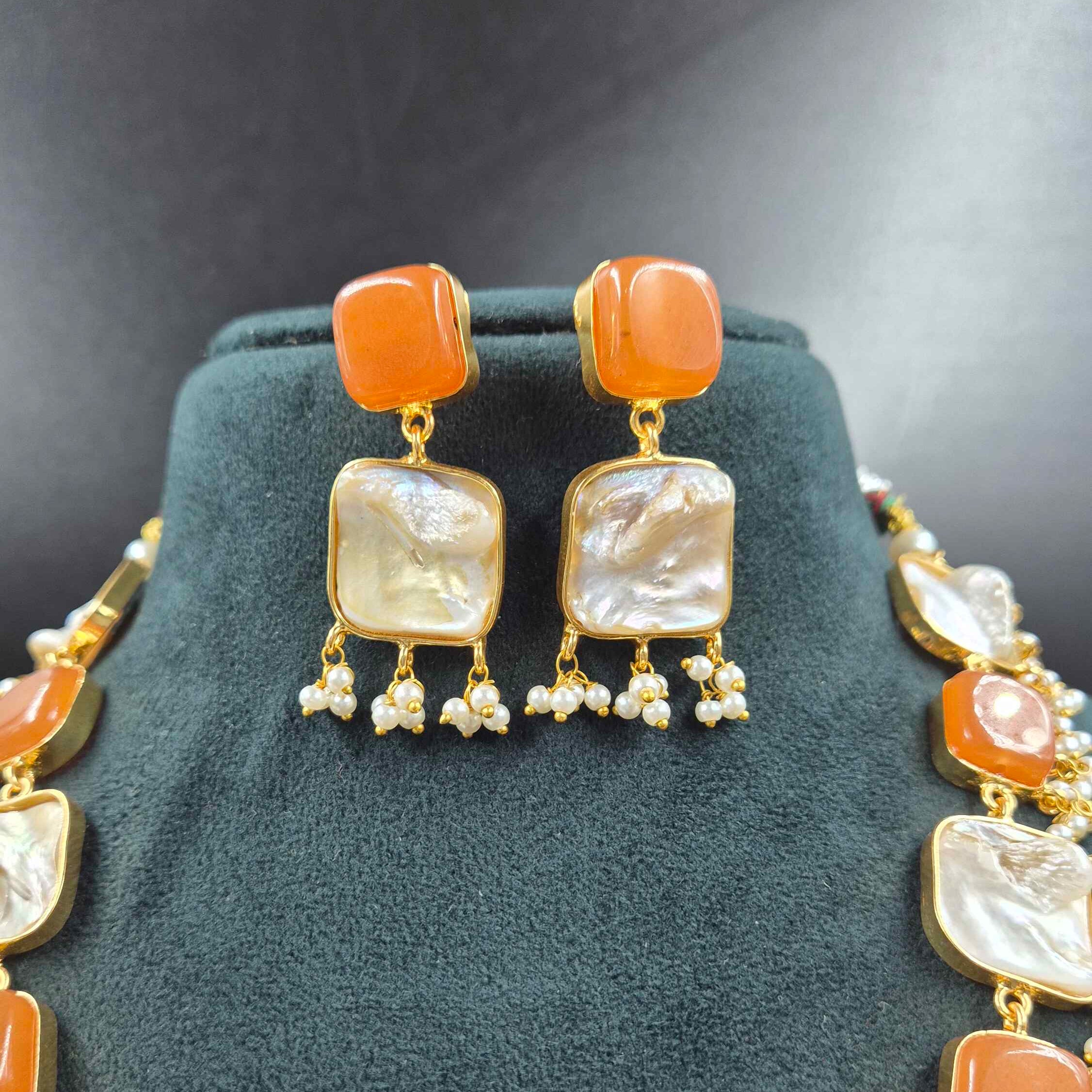 Orange Fusion Necklace Set with Baroque Pearls | Statement Jewellery