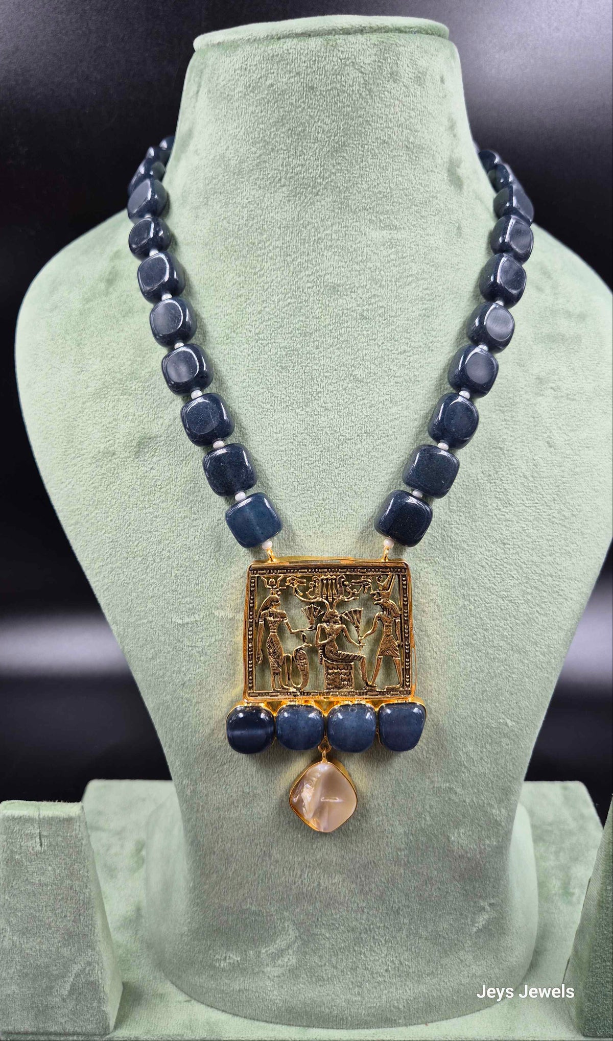 Grey coloured Beaded Necklace with Antique Temple Pendant | Jeys Jewels