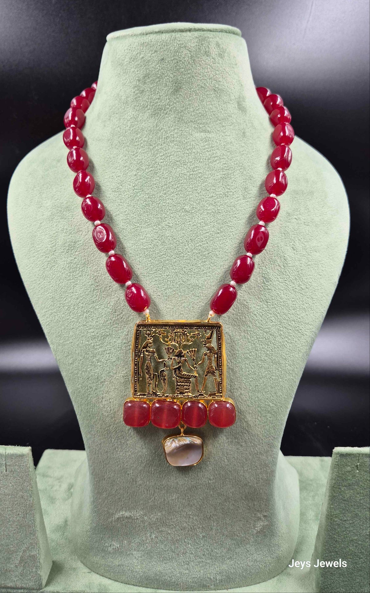 Red Agate Beaded Necklace with Antique Temple Pendant | Jeys Jewels