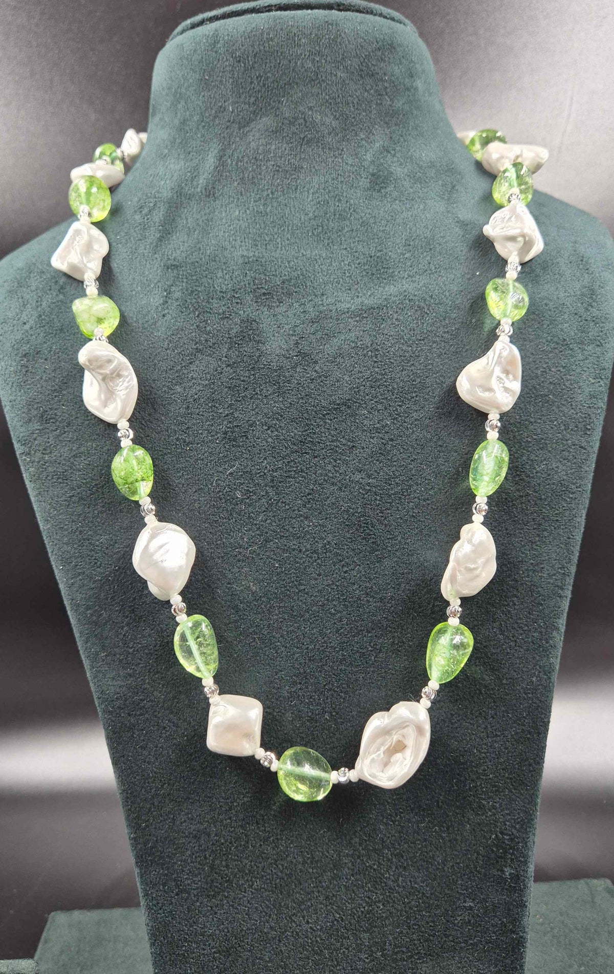 Green Crystal & Freshwater Pearl Long Necklace | Elegant Beaded Jewellery  SEO Description: