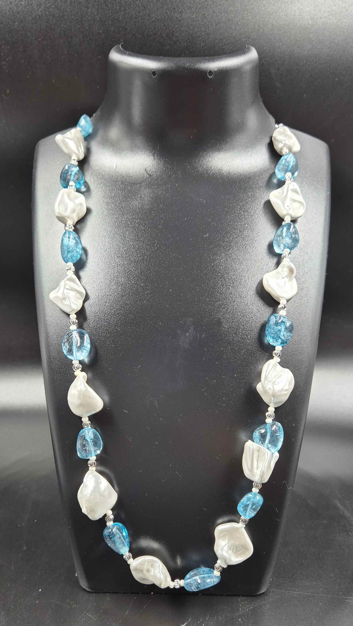 Blue Crystal & Freshwater Pearl Long Necklace | Elegant Beaded Jewellery
