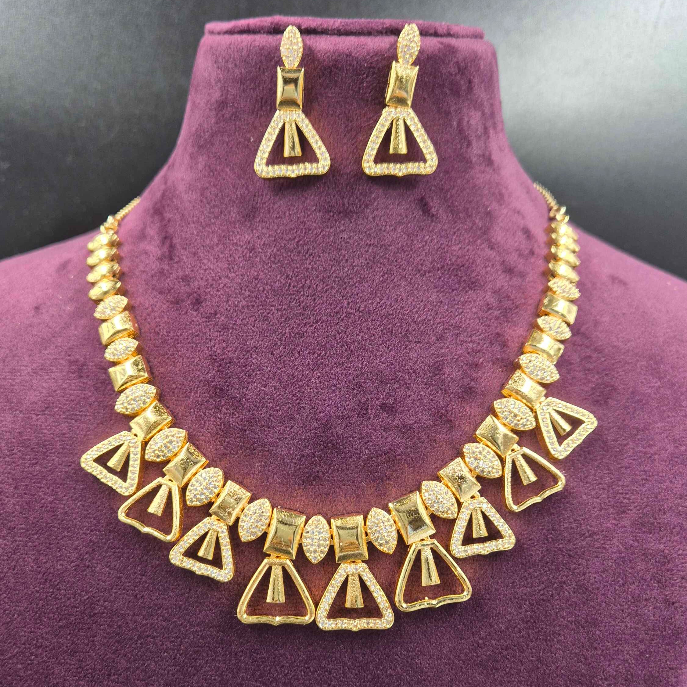 Elegant CZ Triangle Necklace Set | Designer Gold Finish Jewellery