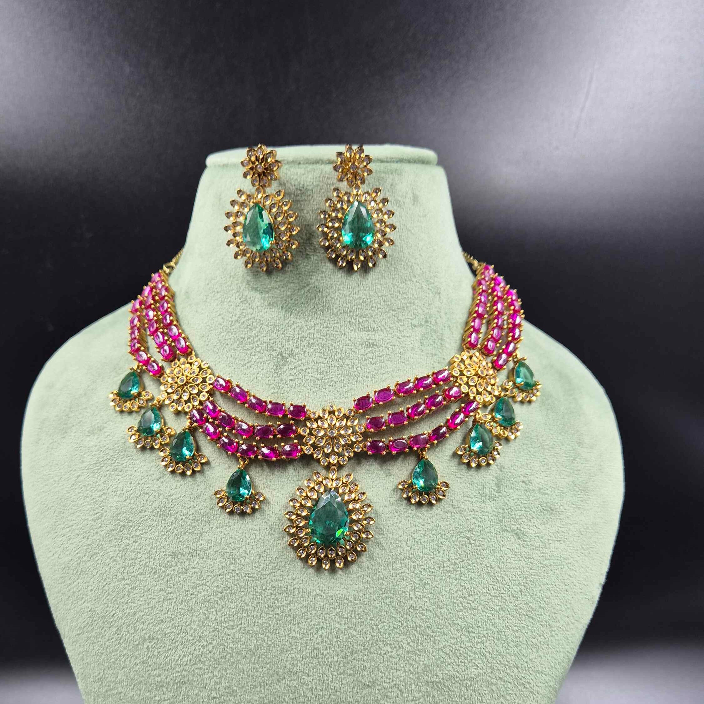 Emerald Green & Ruby Pink CZ Necklace Set with Matching Earrings | Jeys Jewels