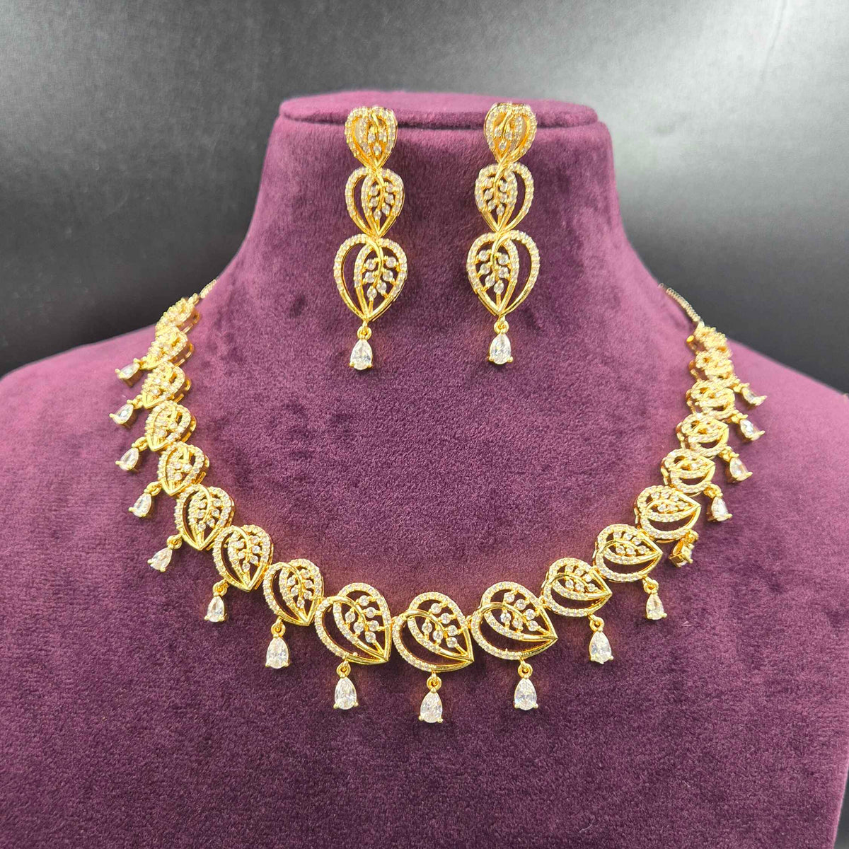 Elegant CZ Leaf Design Necklace Set with Matching Earrings | Jeys JewelS