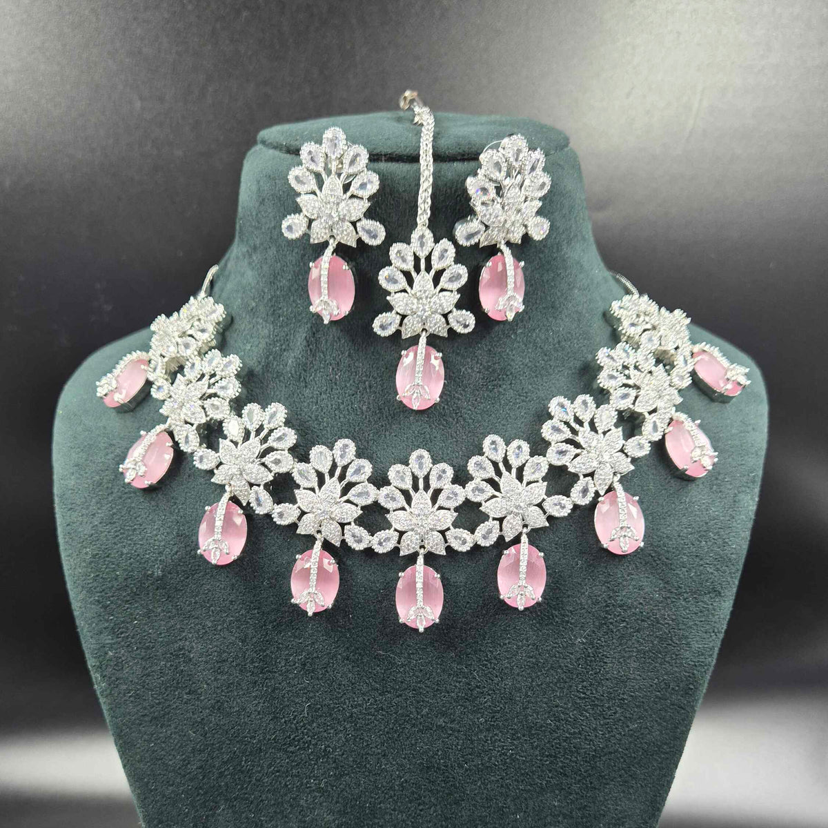 Pink Stone AD Bridal Necklace Set | Silver Finish Designer Jewellery
