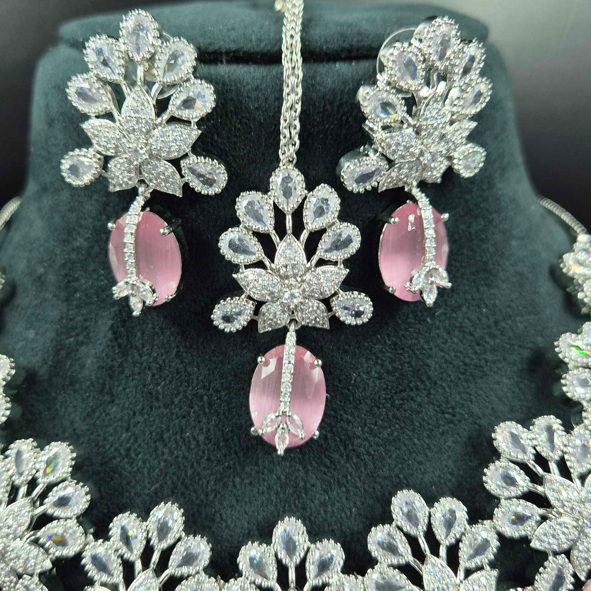 Pink Stone AD Bridal Necklace Set | Silver Finish Designer Jewellery