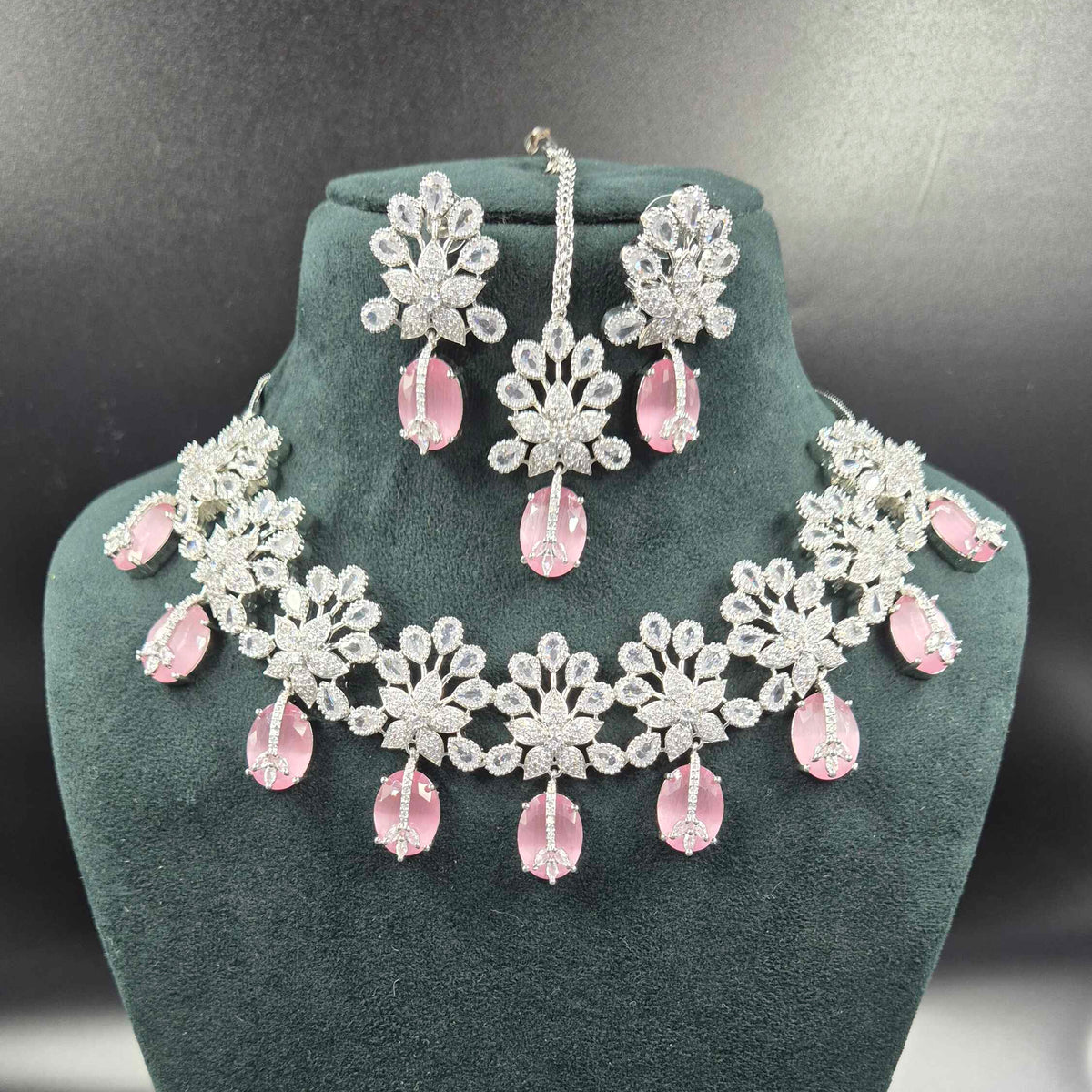 Pink Stone AD Bridal Necklace Set | Silver Finish Designer Jewellery