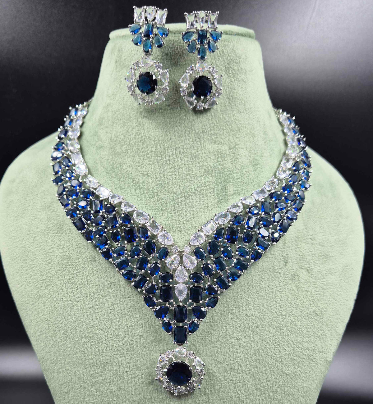 Royal Blue Sapphire AD Necklace Set | Designer Bridal Jewellery Set