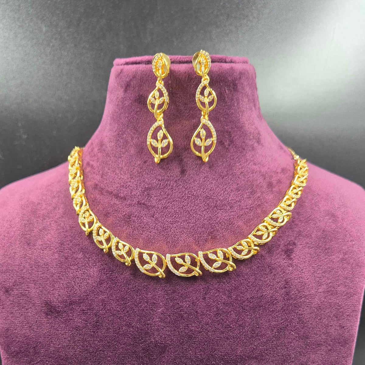 Gold Diamond Replica  Leaf design Necklace Set | Elegant AD Leaf Design Jewellery