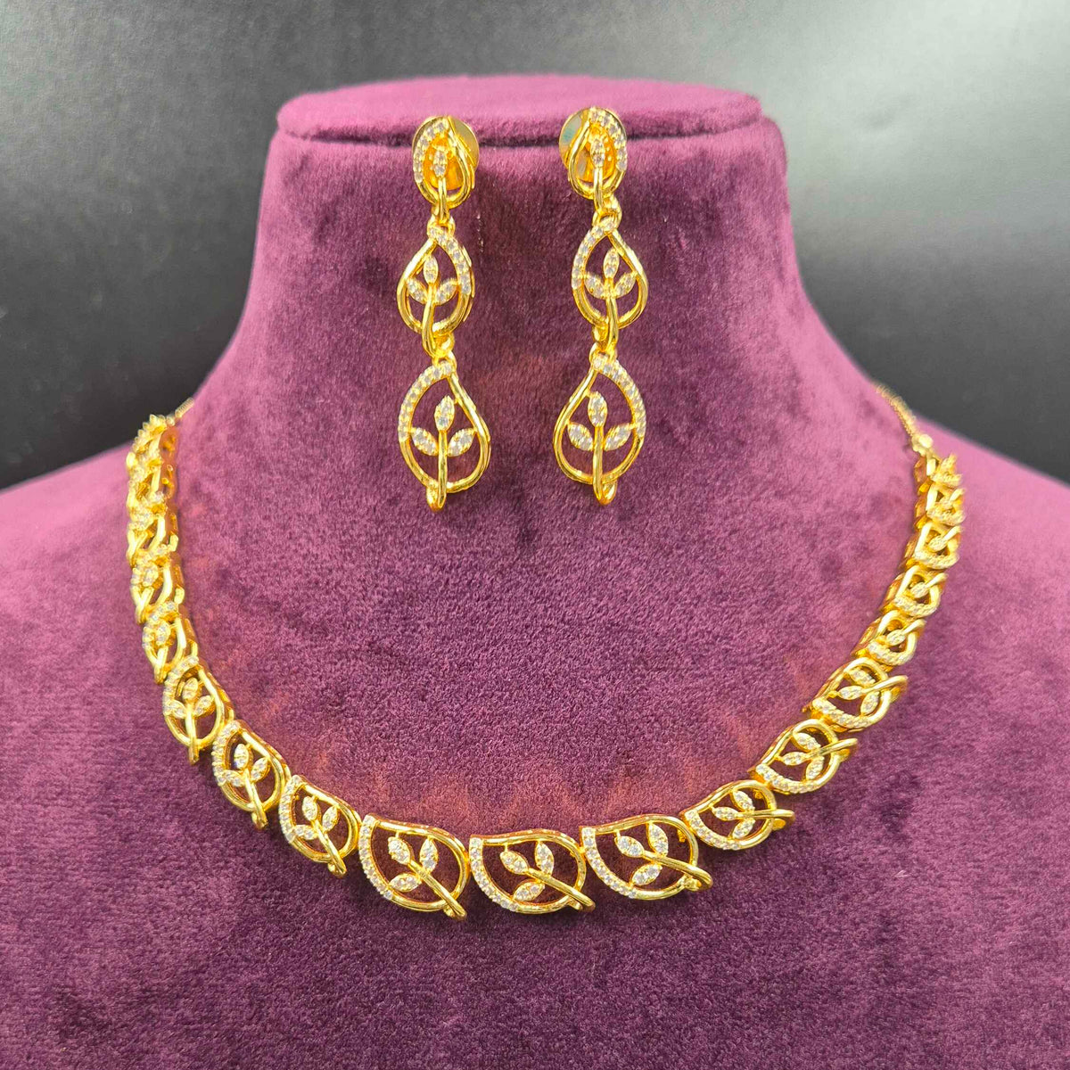 Gold Diamond Replica  Leaf design Necklace Set | Elegant AD Leaf Design Jewellery