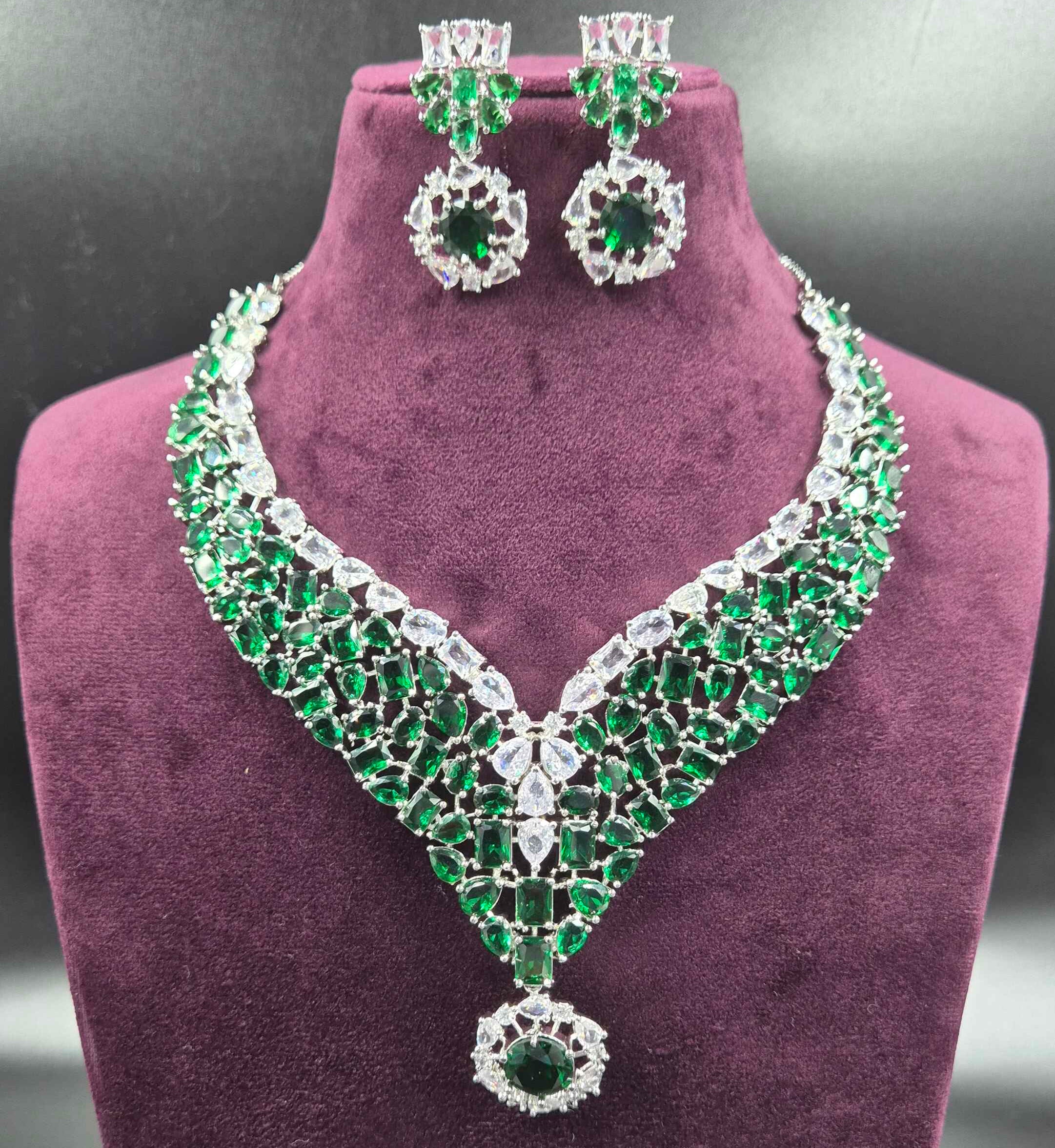 Emerald Green Diamond Replica Necklace Set | Premium AD Bridal Jewellery