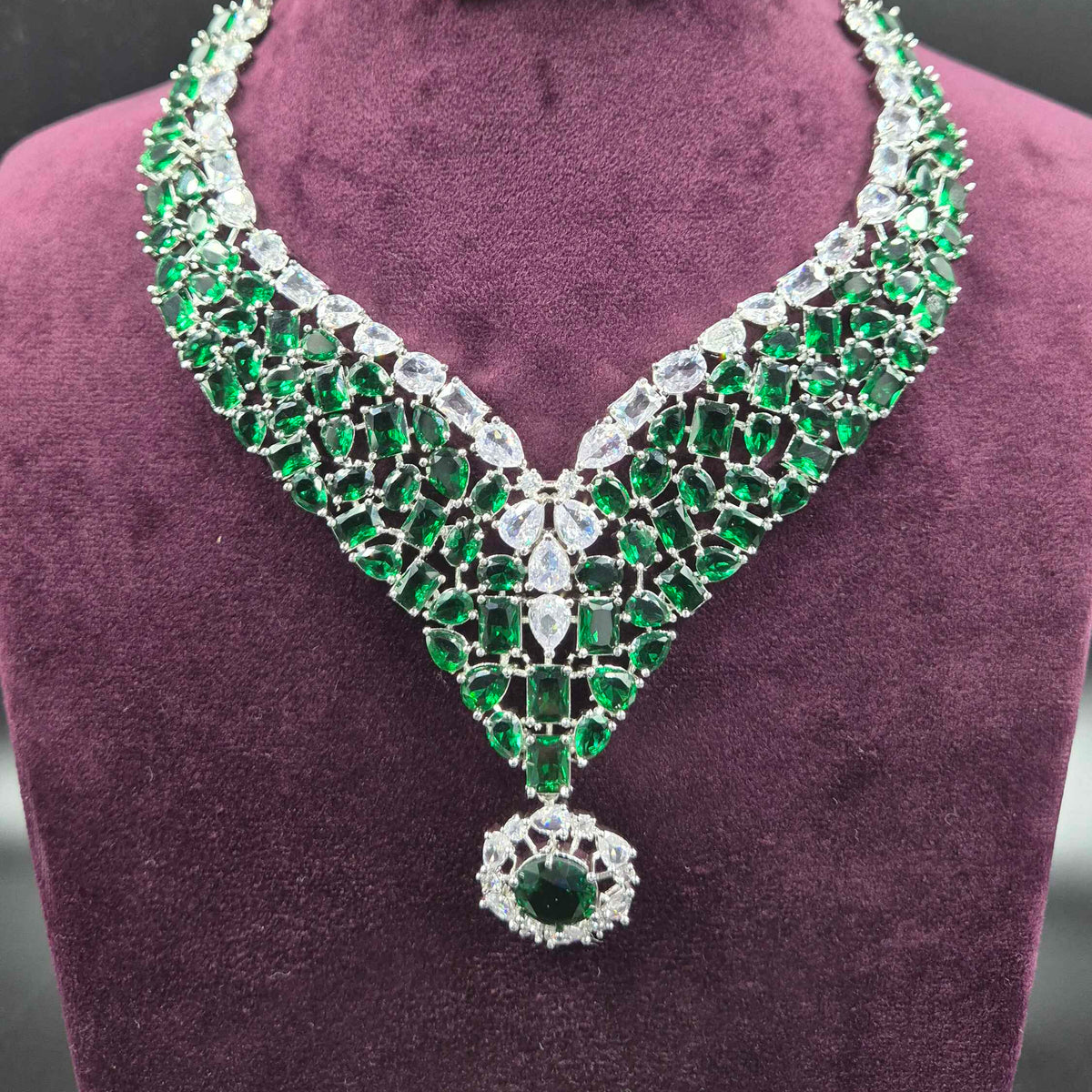 Emerald Green Diamond Replica Necklace Set | Premium AD Bridal Jewellery