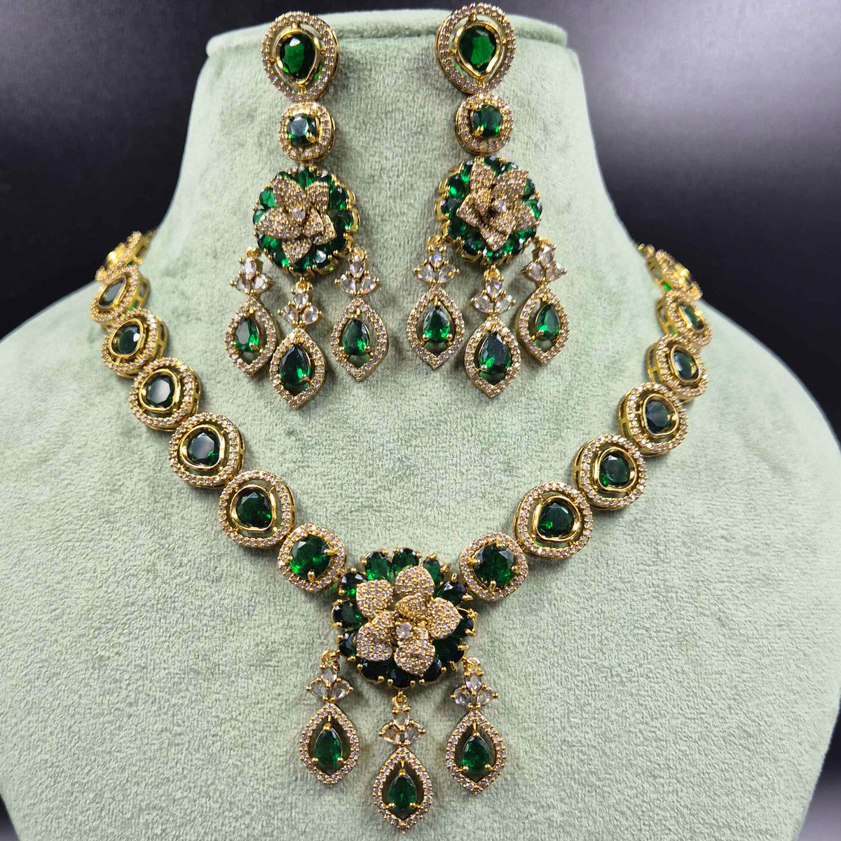 Emerald Green Diamond Replica Necklace Set | Luxury AD Jewellery