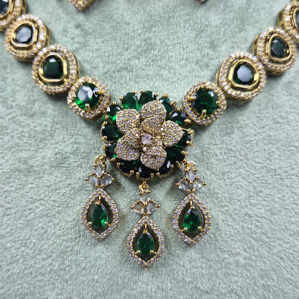 Emerald Green Diamond Replica Necklace Set | Luxury AD Jewellery