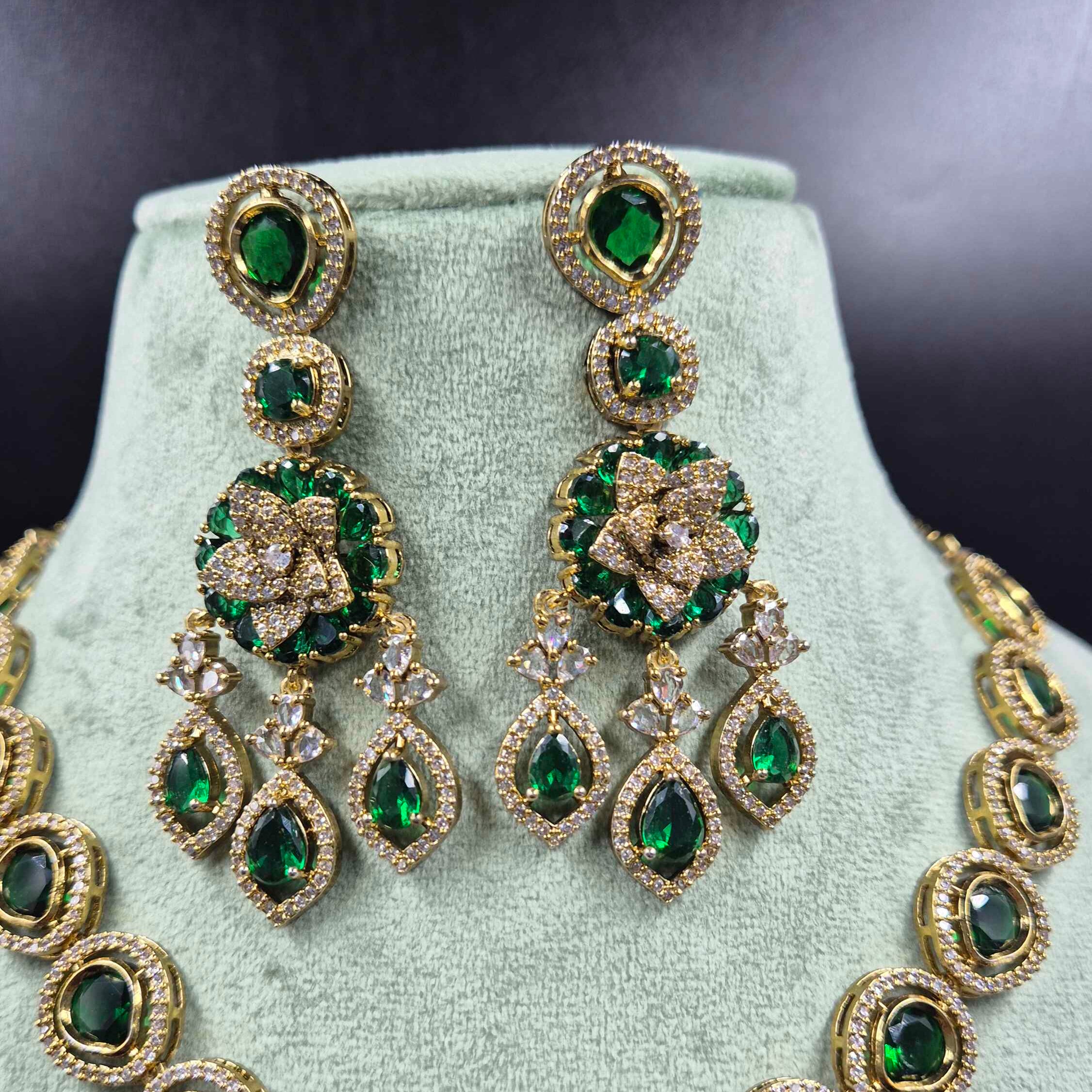 Emerald Green Diamond Replica Necklace Set | Luxury AD Jewellery