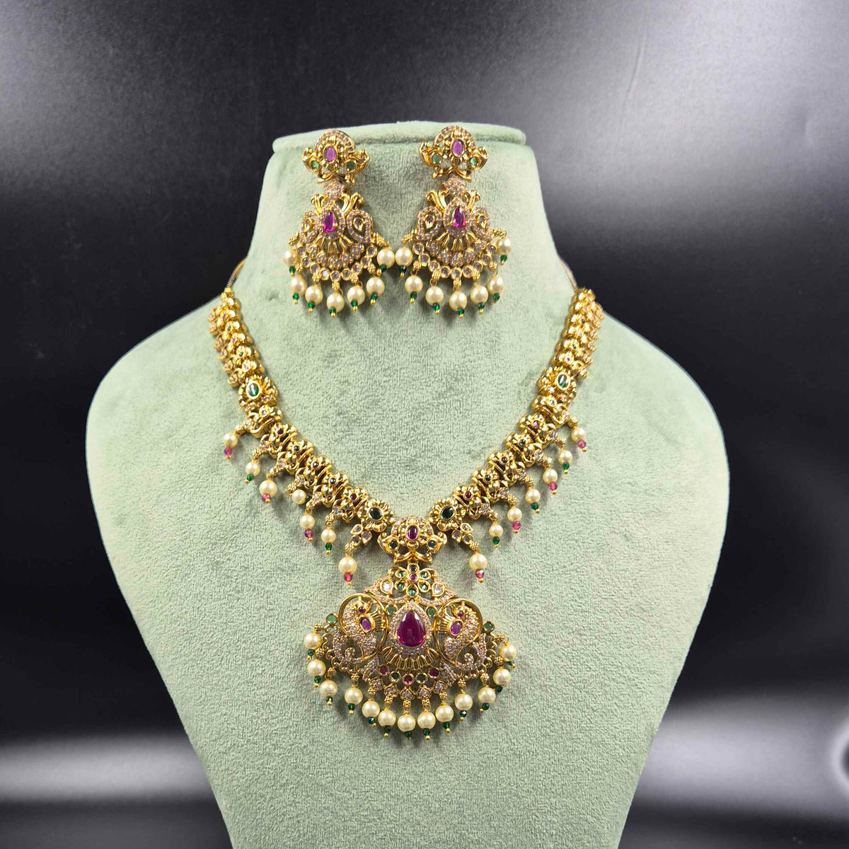 Antique Gold Temple Necklace with Ruby, Emerald & Pearl Drops | Jeys Jewels