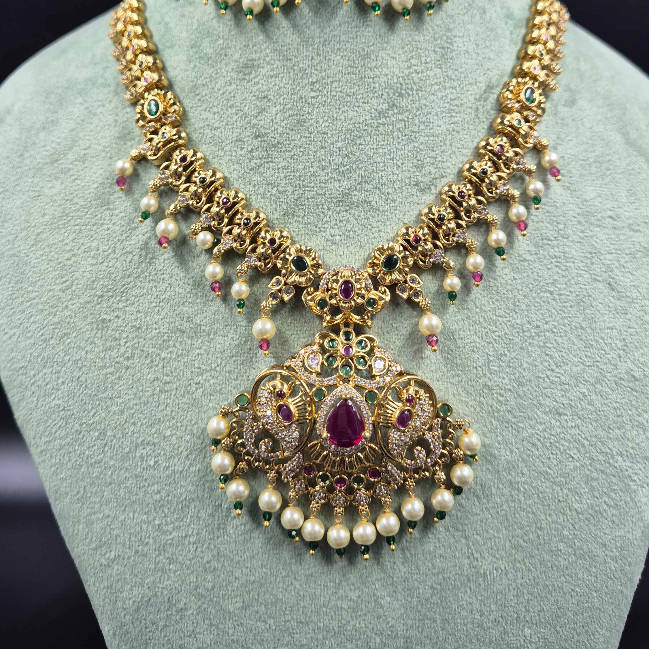 Antique Gold Temple Necklace with Ruby, Emerald & Pearl Drops | Jeys Jewels