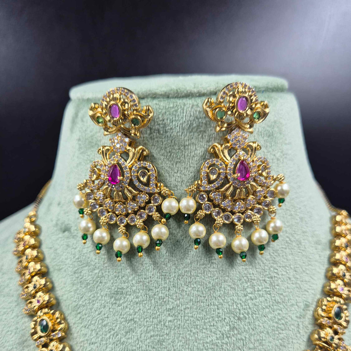 Antique Gold Temple Necklace with Ruby, Emerald & Pearl Drops | Jeys Jewels