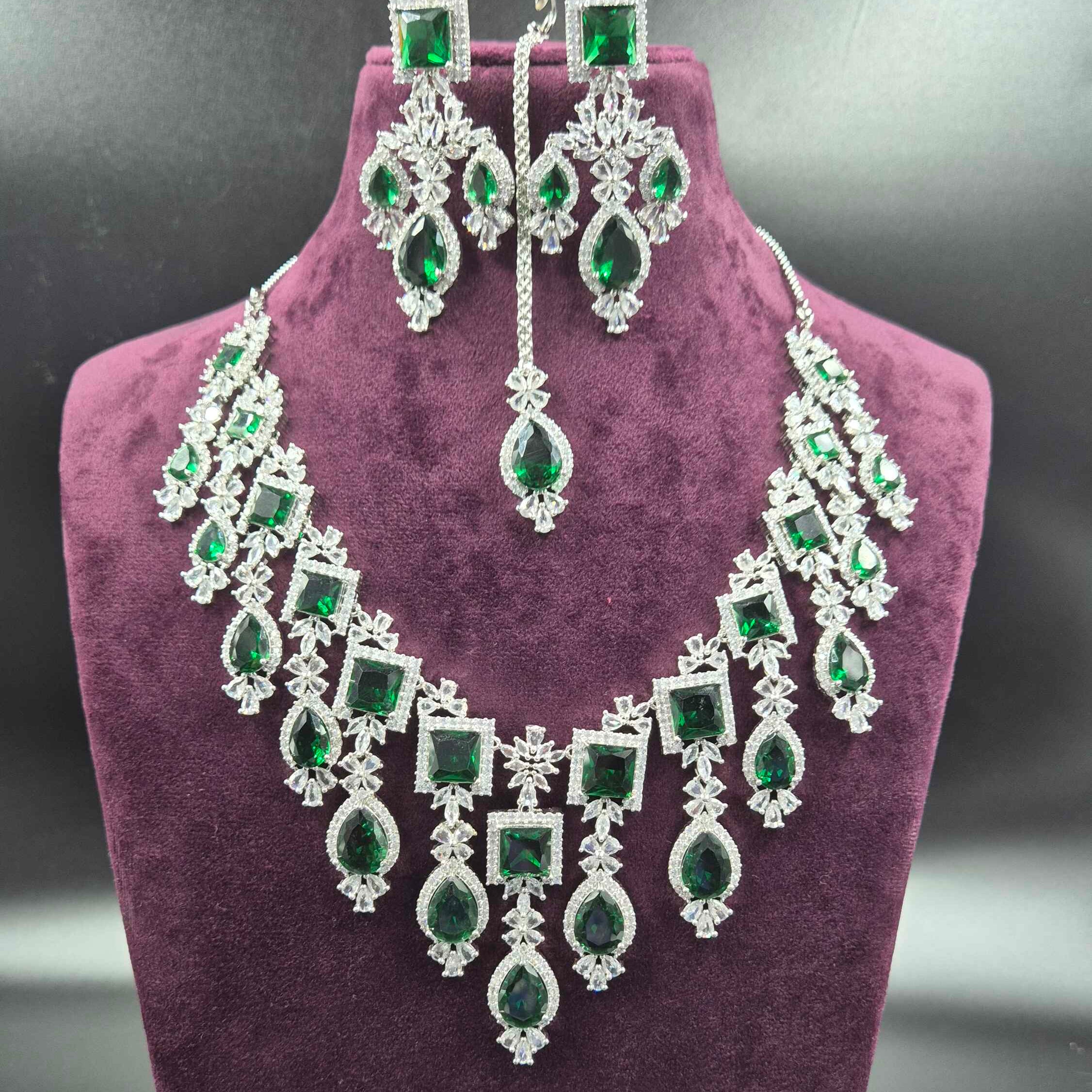 Emerald Green Diamond Replica Necklace Set with Maang Tikka | Premium AD Bridal Jewellery
