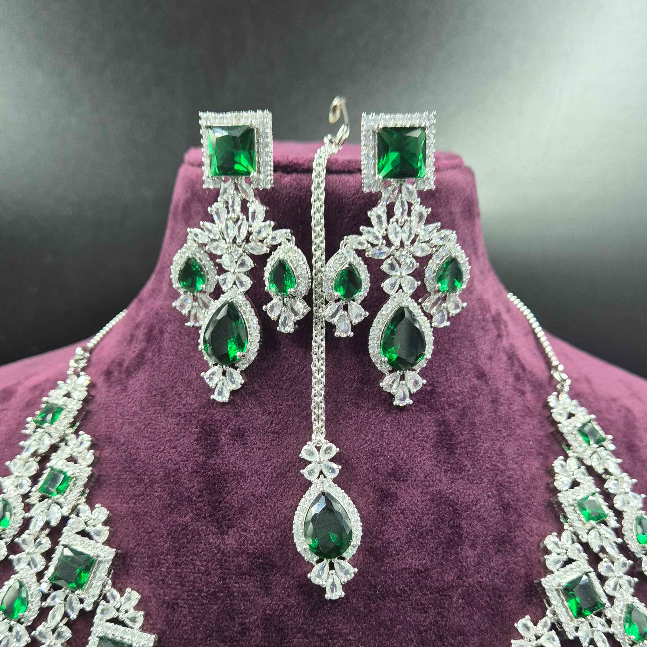 Emerald Green Diamond Replica Necklace Set with Maang Tikka | Premium AD Bridal Jewellery