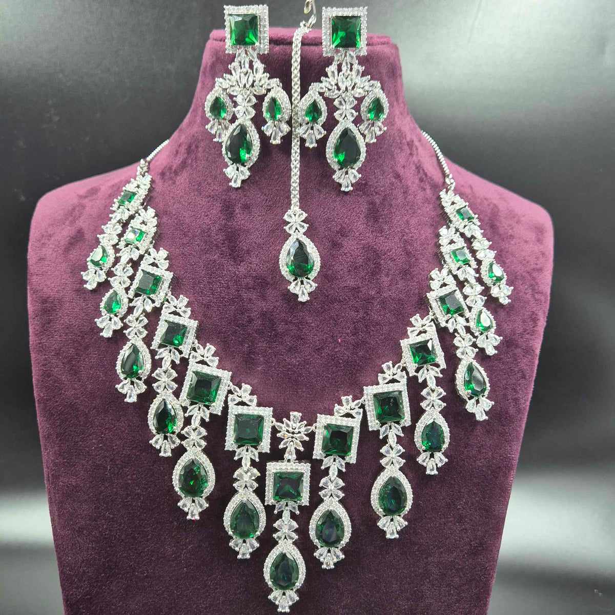 Emerald Green Diamond Replica Necklace Set with Maang Tikka | Premium AD Bridal Jewellery