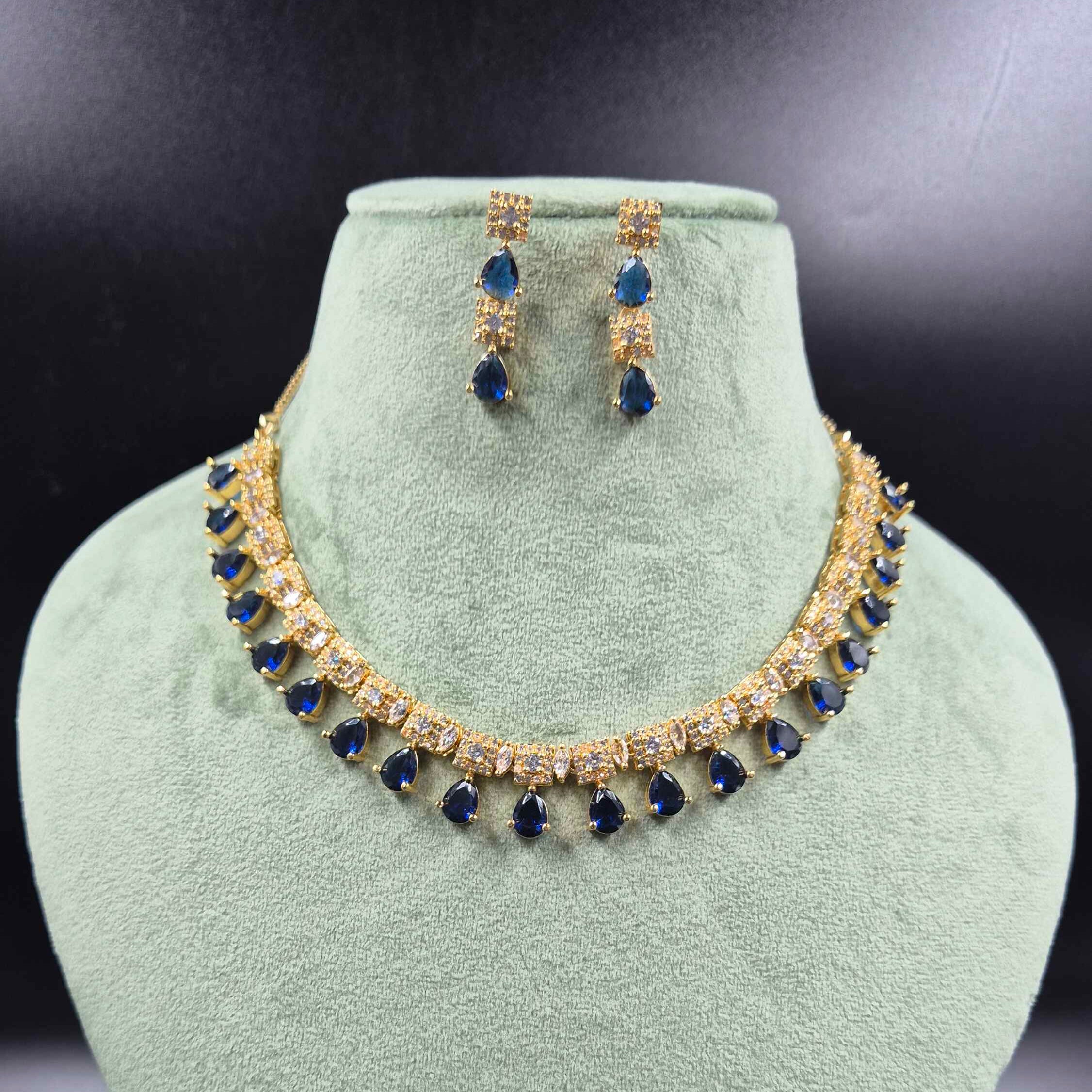 Royal Blue Diamond Replica Necklace Set | Elegant AD Bridal Jewellery