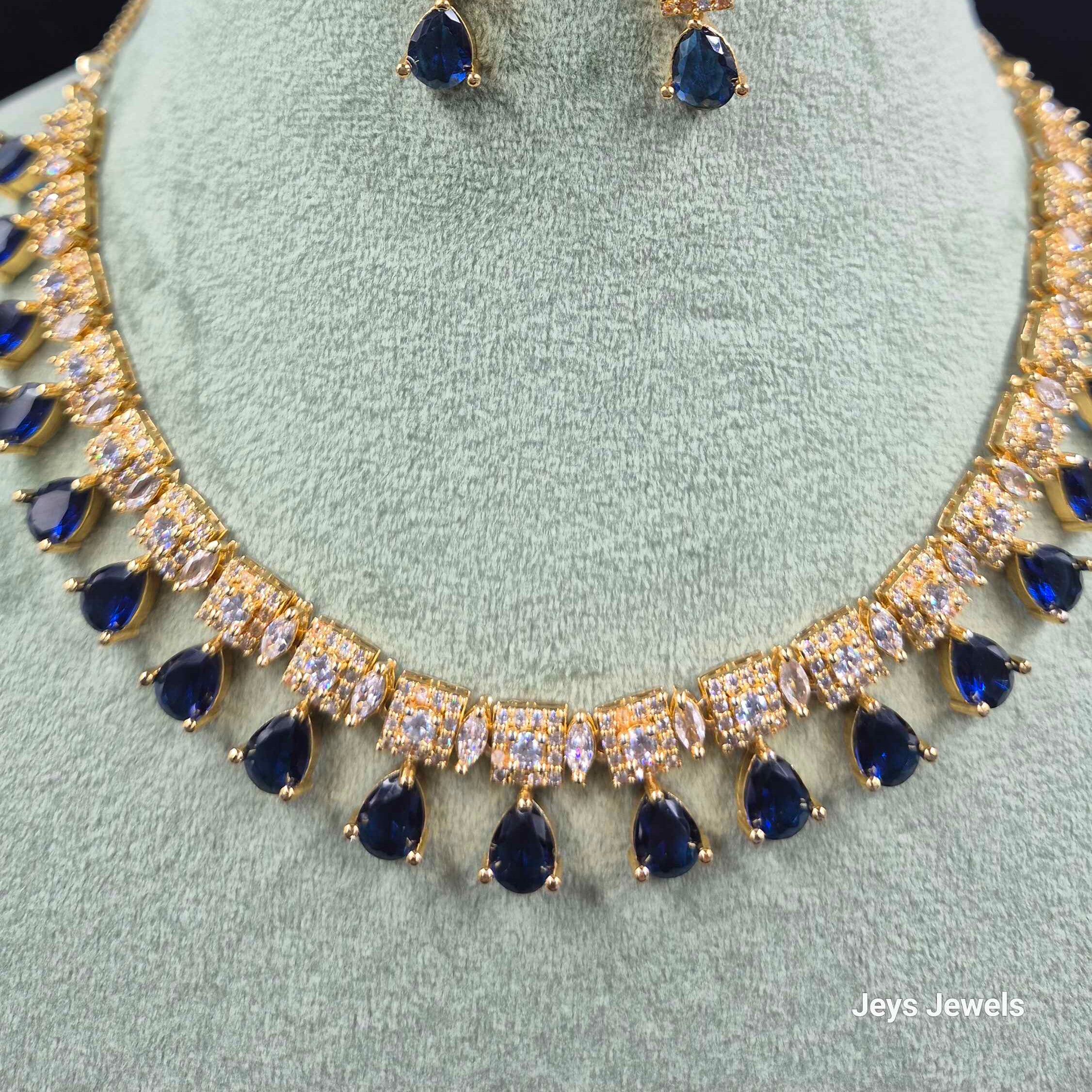 Royal Blue Diamond Replica Necklace Set | Elegant AD Bridal Jewellery