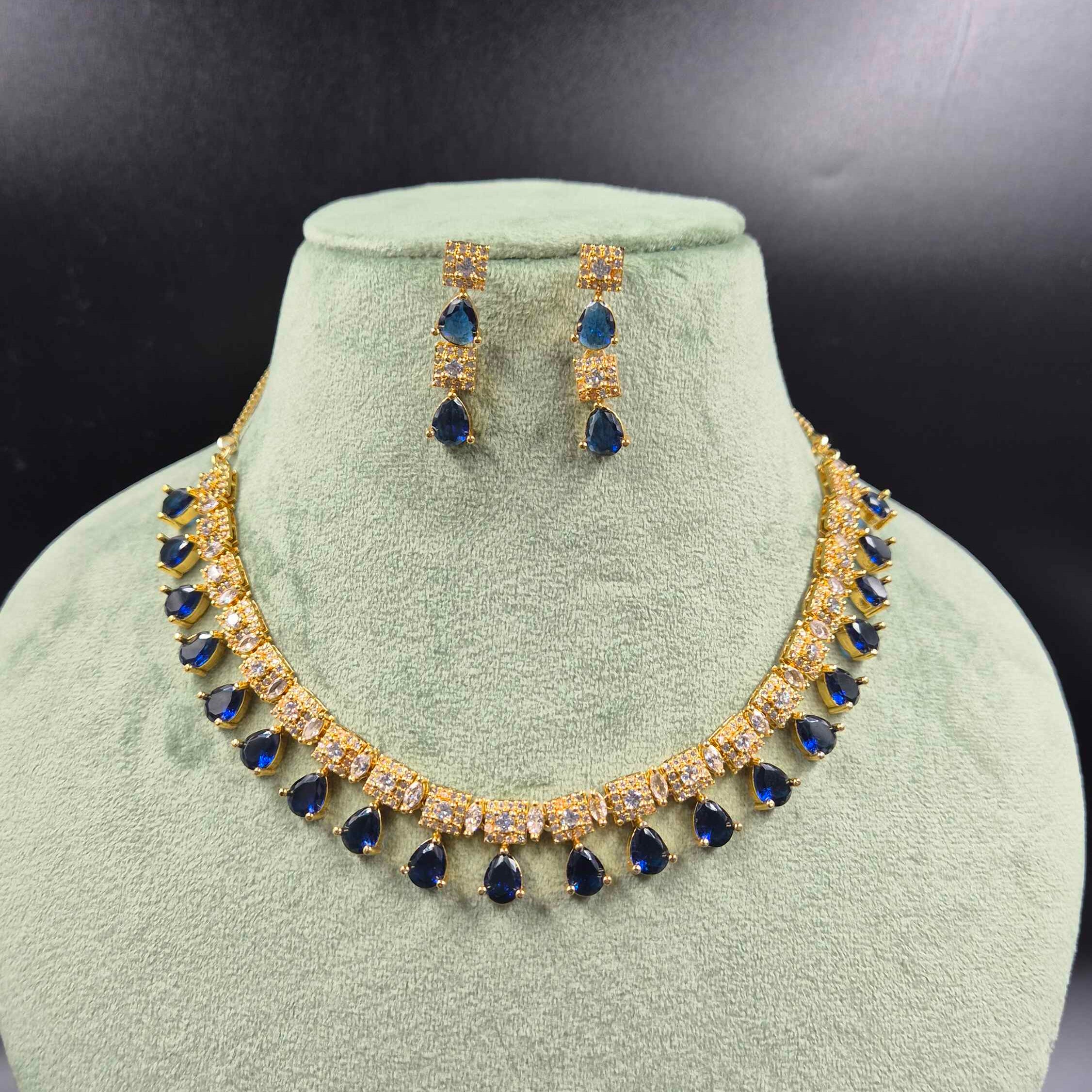 Royal Blue Diamond Replica Necklace Set | Elegant AD Bridal Jewellery