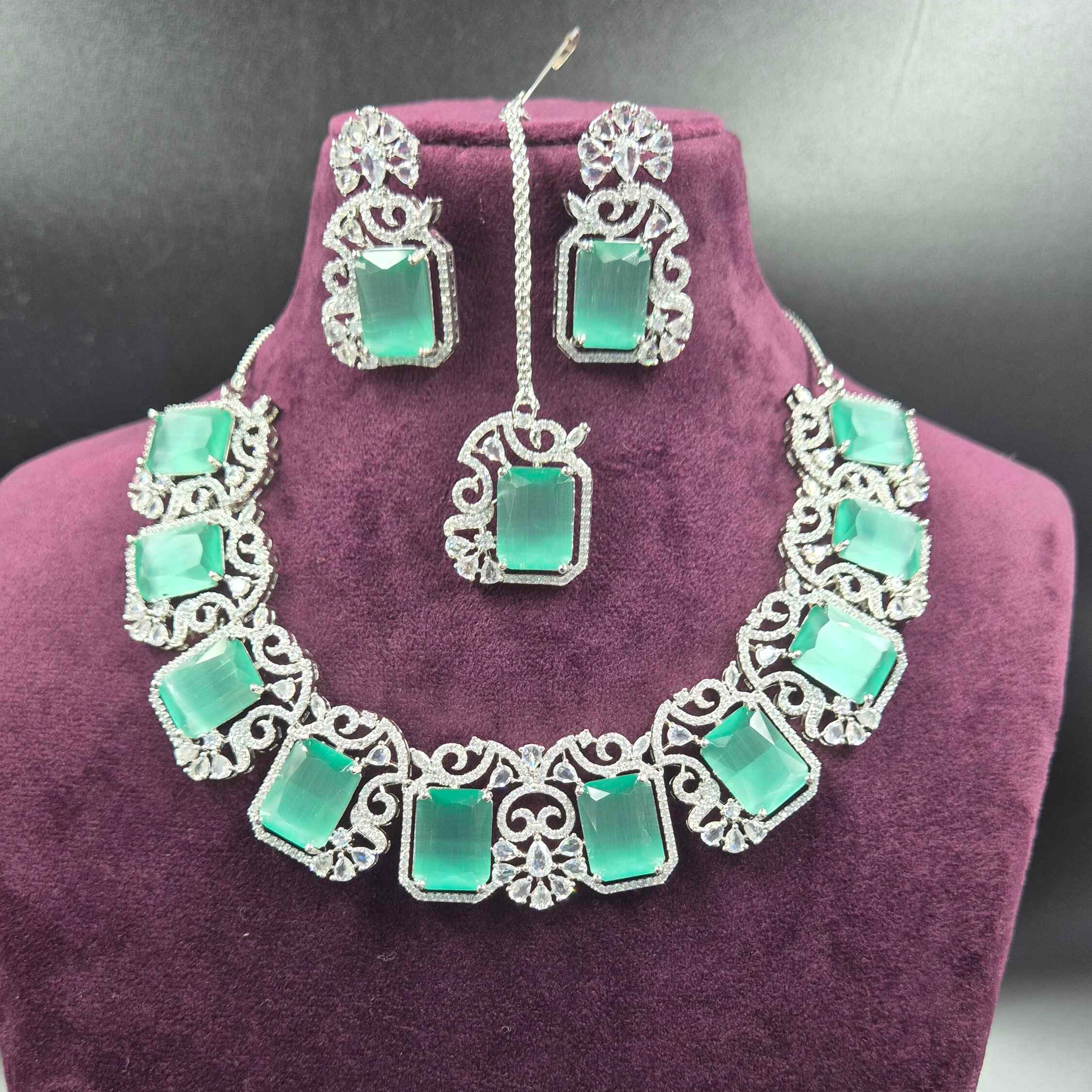 Teal Blue Diamond Replica Necklace Set | Elegant AD Bridal Jewellery