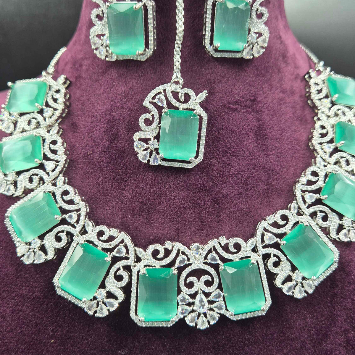 Teal Blue Diamond Replica Necklace Set | Elegant AD Bridal Jewellery