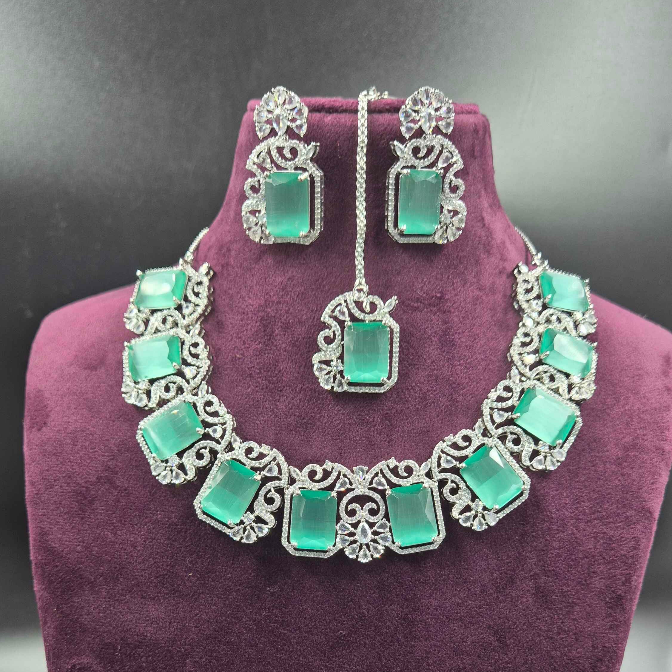 Teal Blue Diamond Replica Necklace Set | Elegant AD Bridal Jewellery