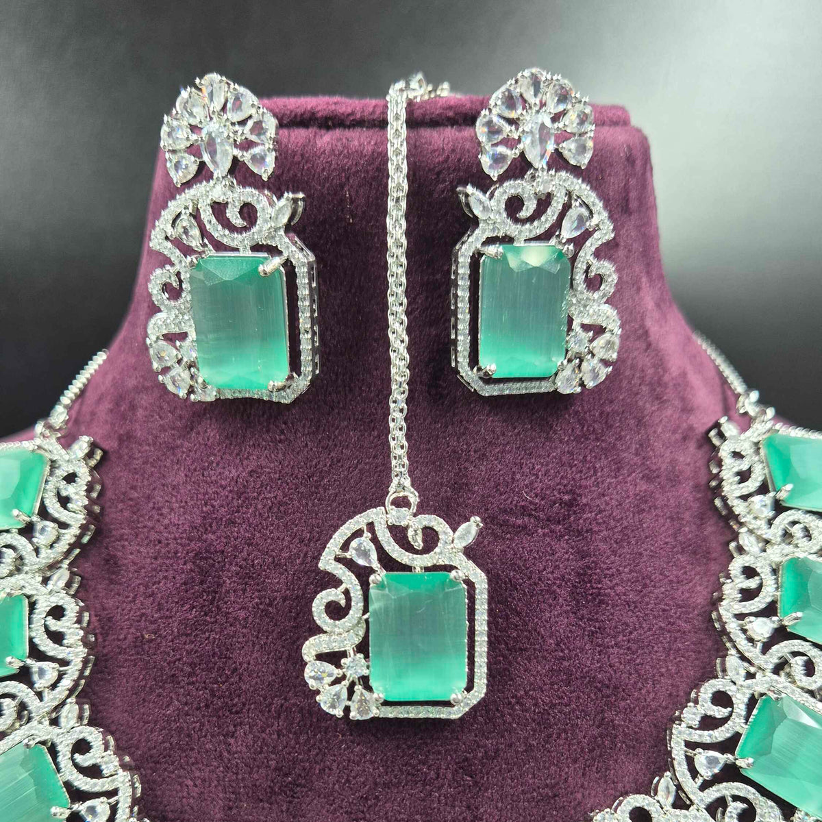 Teal Blue Diamond Replica Necklace Set | Elegant AD Bridal Jewellery