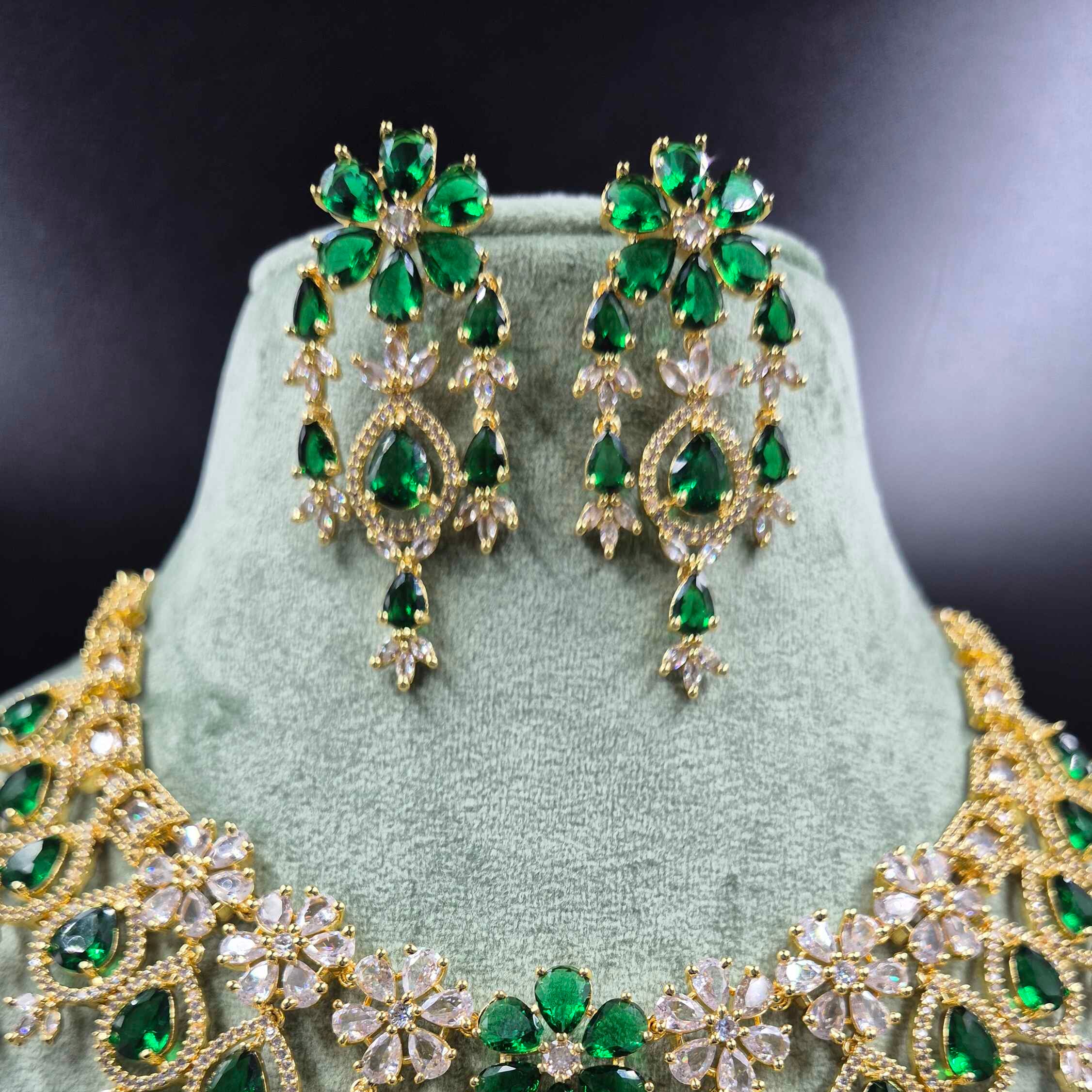 Emerald Green Diamond Replica Necklace Set | Designer AD Bridal Jewellery