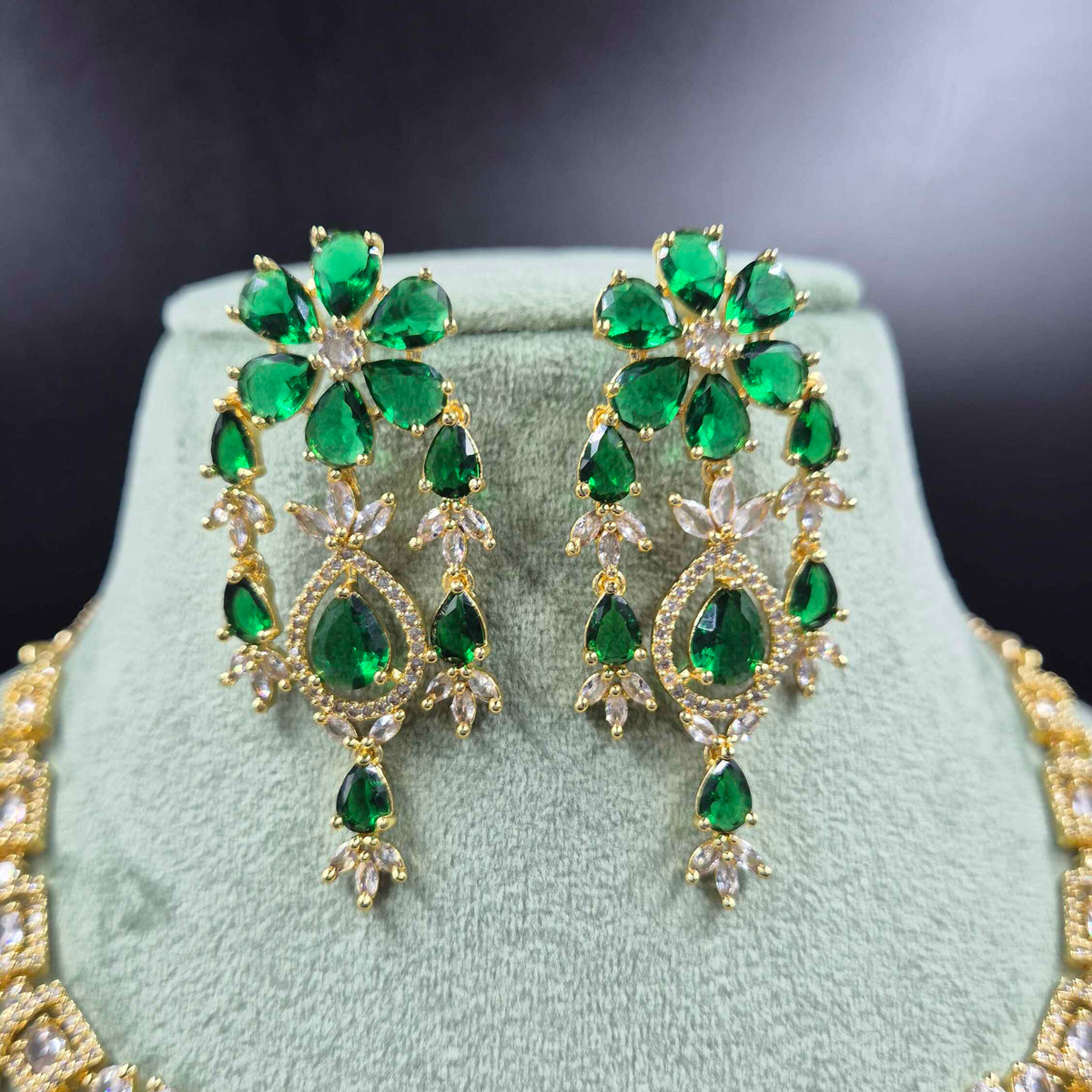 Emerald Green Diamond Replica Necklace Set | Designer AD Bridal Jewellery
