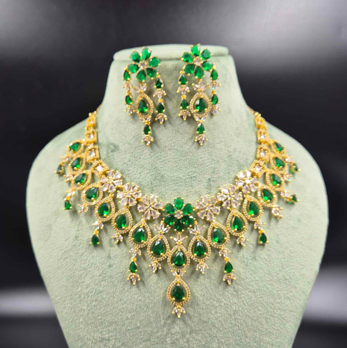 Emerald Green Diamond Replica Necklace Set | Designer AD Bridal Jewellery